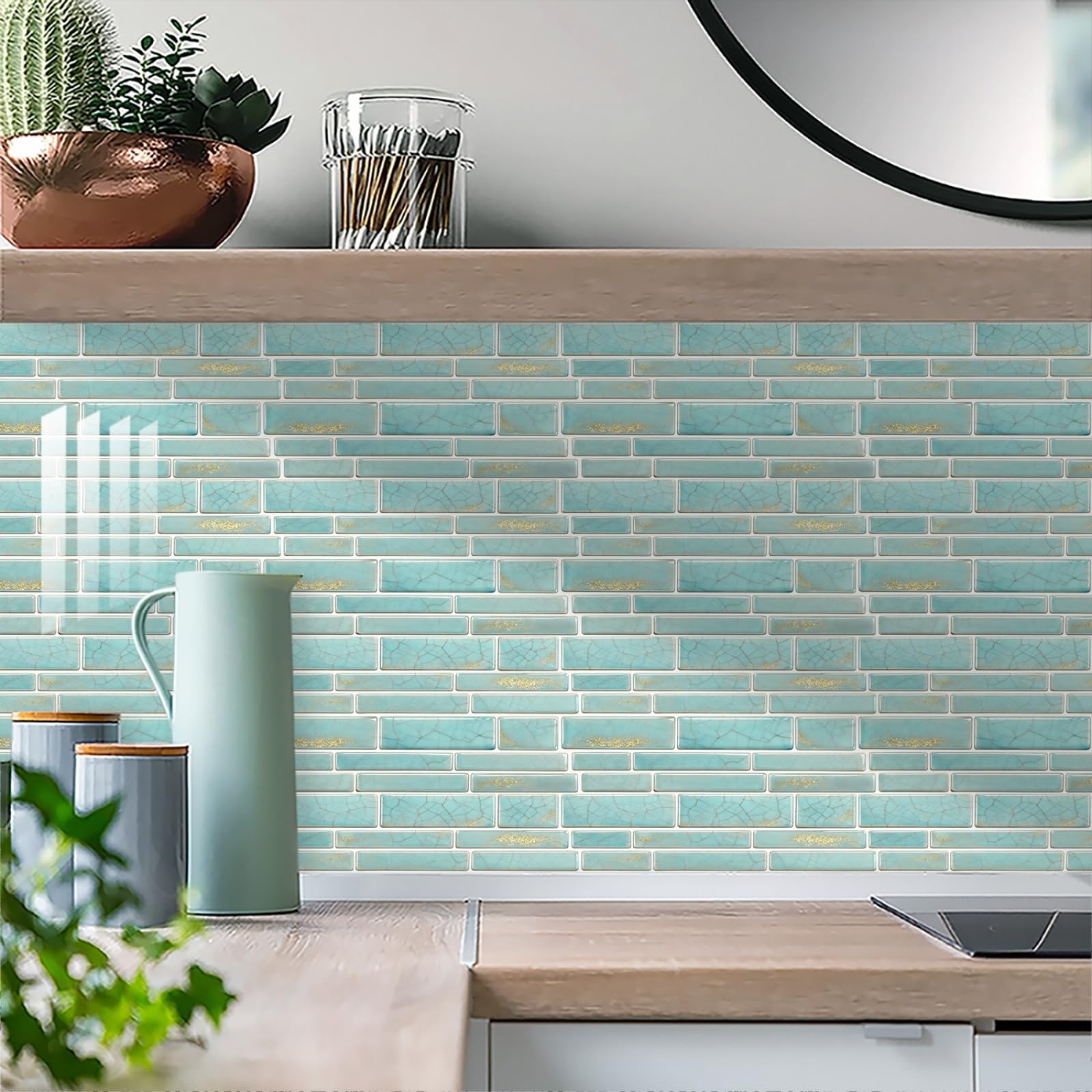 Stick on Kitchen Tiles 12x24 cm Blue Gold Brick Peel and Wall Waterproof PVC for Fireplace Surround Furniture Decoration Tile Stickers Backsplash 20 Pcs