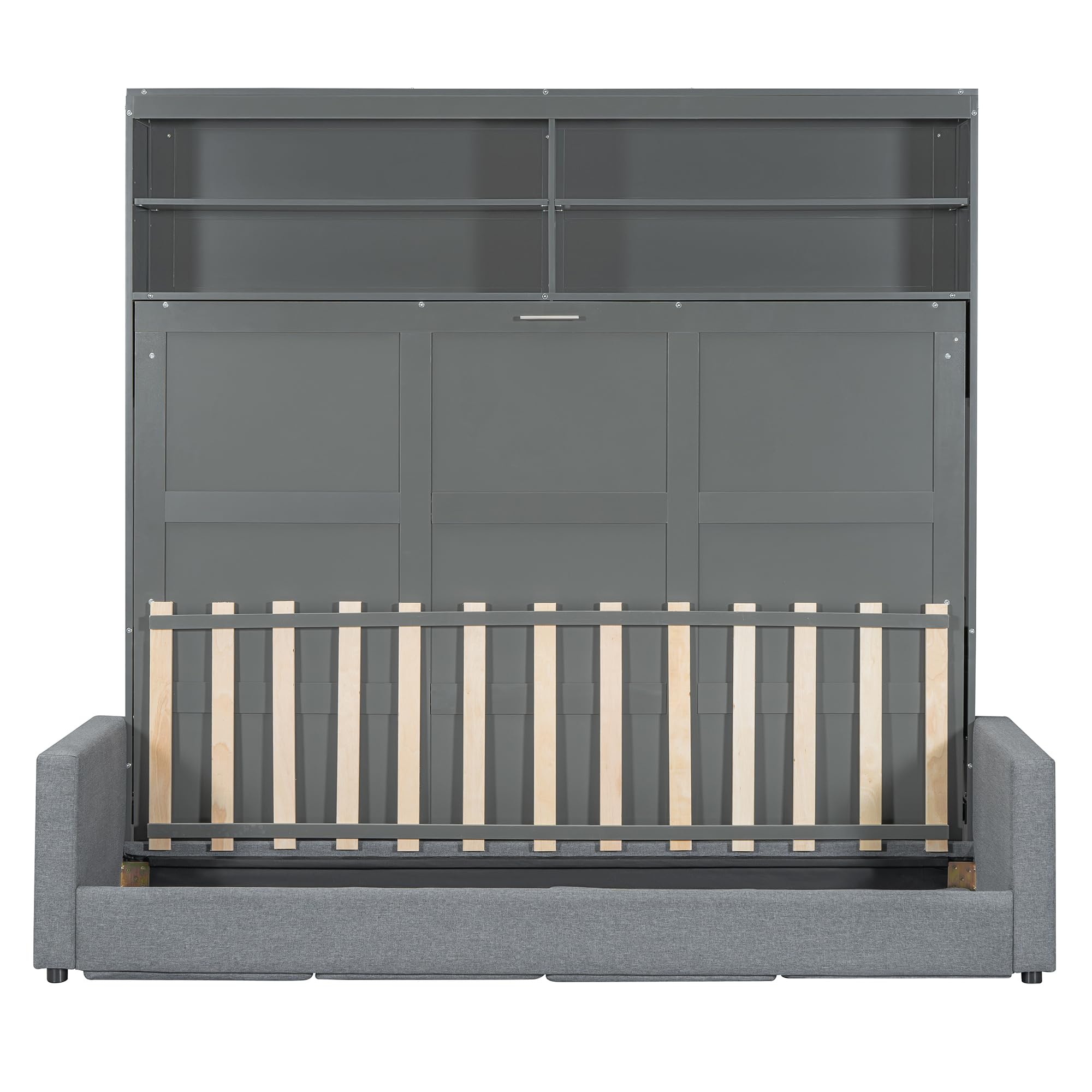 The DERCASS Murphy Bed partially open, showing the bed frame and slats emerging from the cabinet.