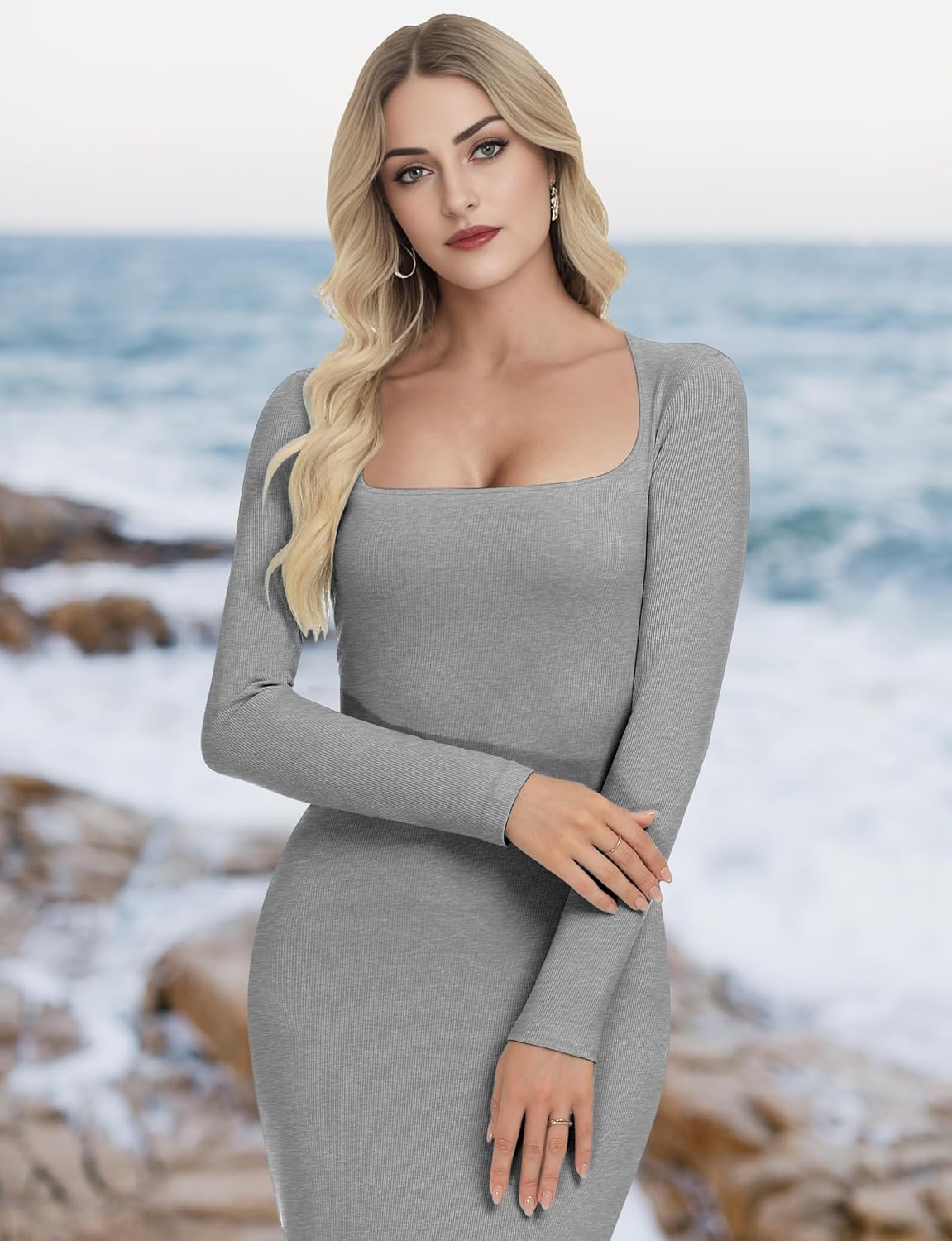 Buauty Women's Bodycon Maxi Dresses, Ribbed Square Neck Long Dress, Fall Long Sleeve Lounge Dress for Women - Image 3
