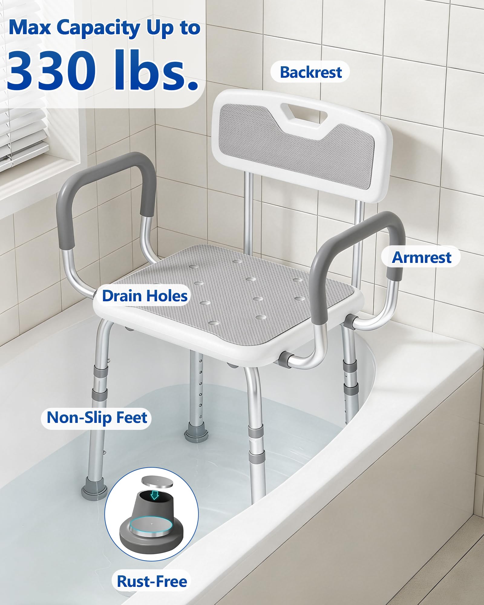 Silla de ducha para ducha interior con respaldo y brazos, silla de baño ajustable para personas mayores, asiento de ducha resistente para bañera interior, taburete de ducha de 330 libras para ancianos