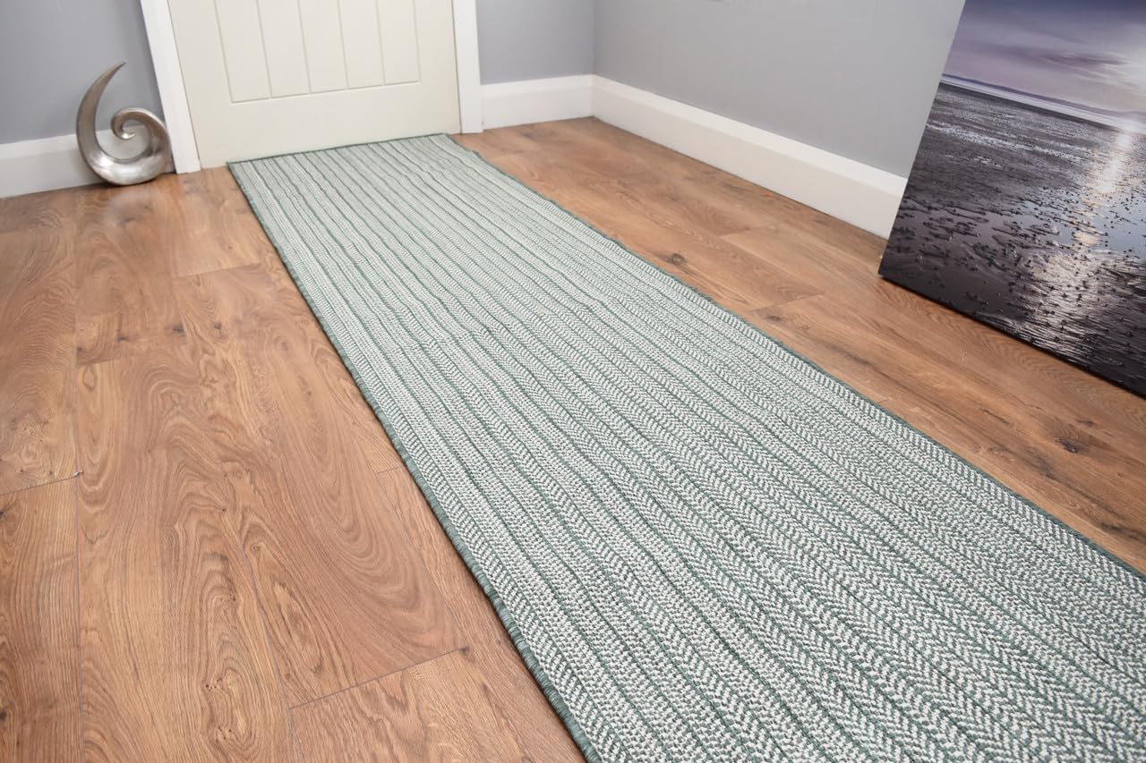 SrS Rugs® Luna Flatweave Collection, Reversible Indoor Outdoor Runner Rug for Hallway, Kitchen, and Entrance. Smooth Soft 2mm Depth Pile. 70cm Wide. Any Length (Woven Green, Length: 19' (579cm))
