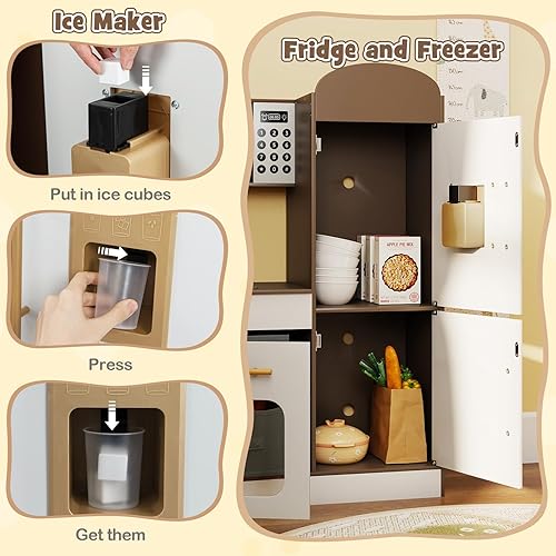 Miniatura 5 de HONEY JOY Cocina de esquina con carrito rodante, juego de cocina de juguete de madera con luces, máquina de hielo, estufas, utensilios de cocina,