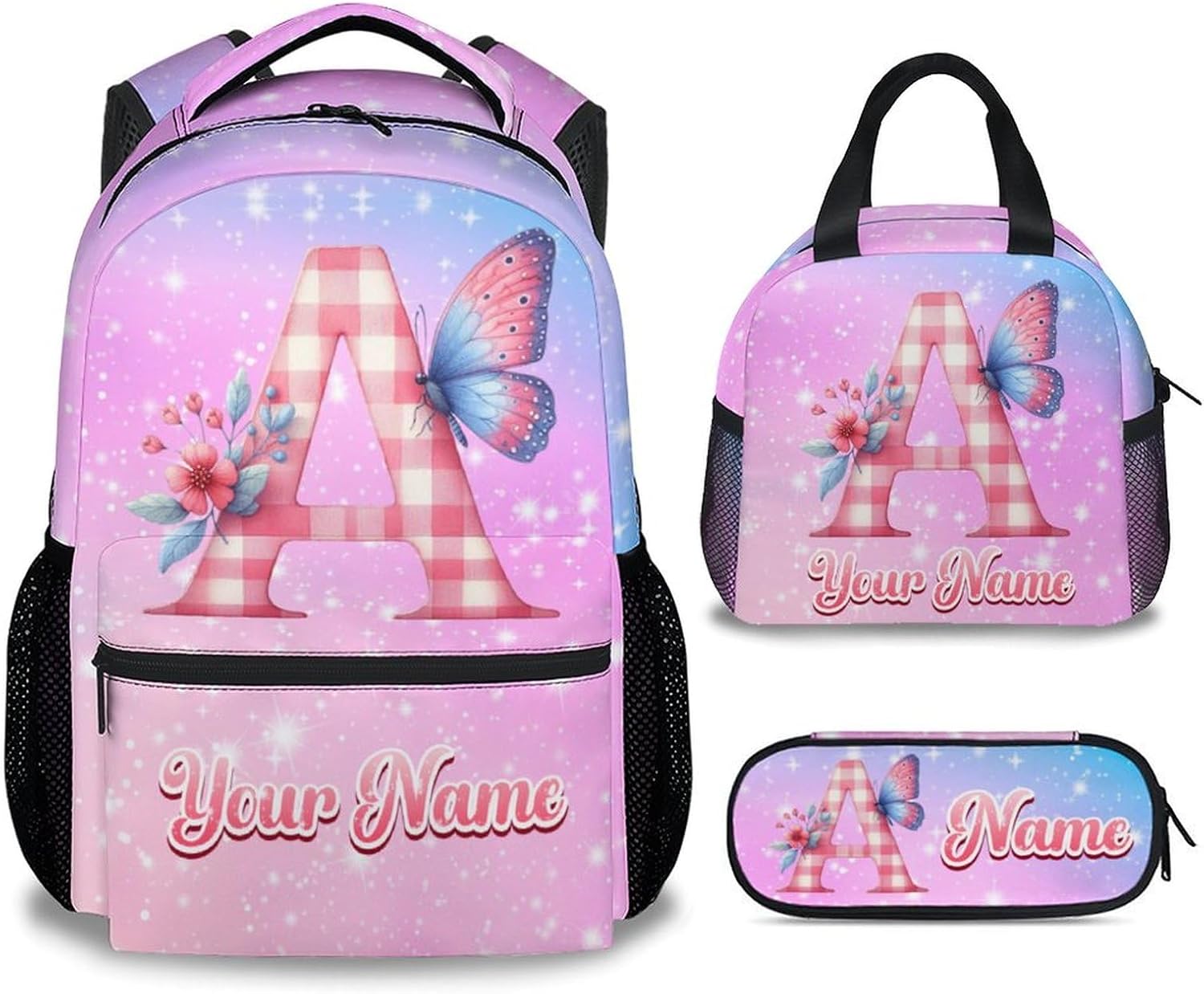 Backpacks for Girls - Personalized Butterfly Kids Backpack for School - Flower Toddler Bookbag with Lunch Box and Pencil Case