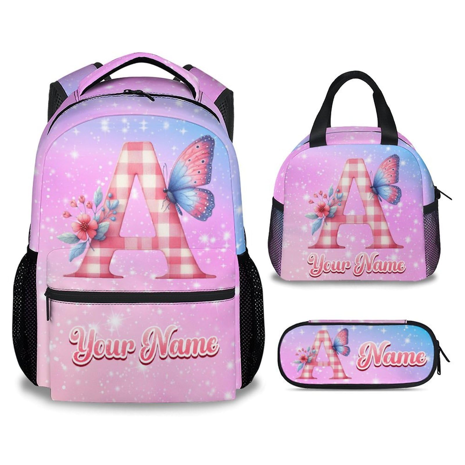 KNOWPHST Backpacks for Girls - Personalized Butterfly Kids Backpack for School - Flower Toddler Bookbag with Lunch Box and Pencil Case