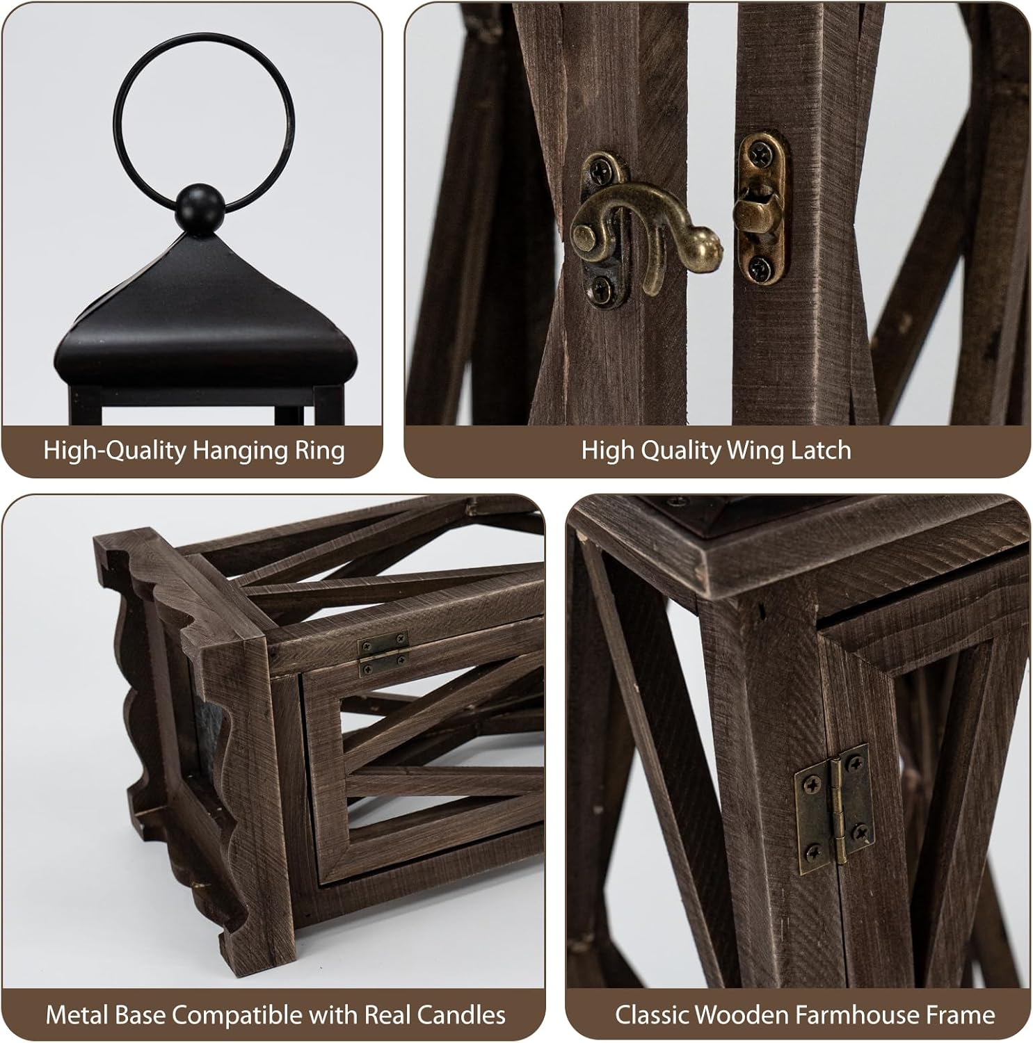 Large Rustic Farmhouse Wooden Candle Lanterns Decorative Set of 2, Extra Large Hanging Brown Candle Lanterns for Home Decor Garden Porch Indoor Outdoor Wedding Decor(No Glass)