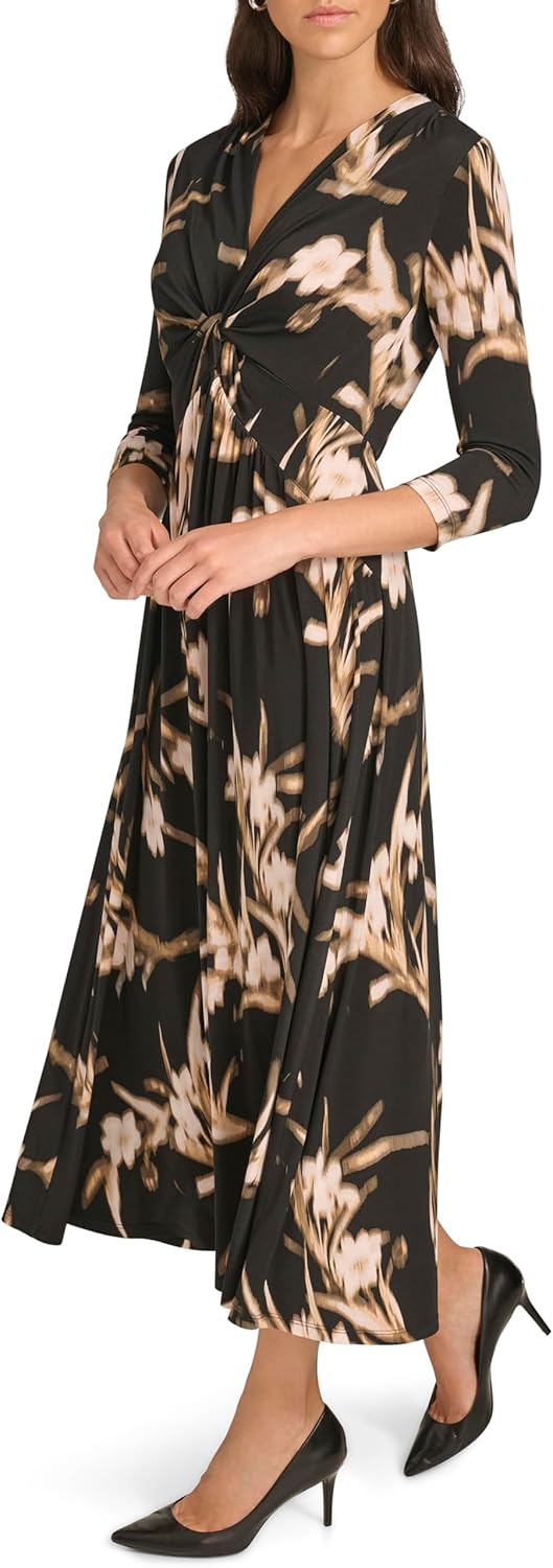 Calvin Klein Womens 3/4 Sleeve Knotted V-Neck A-lin Midi Dress - Image 3