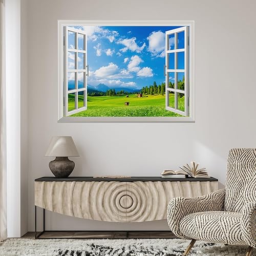 Miniatura 4 de Adhesivo de pared extraíblemural de pared, cielo azul y hierba verde fuera de la ventana abierta, decoración creativa de pared - 24 x 32 pulgadas