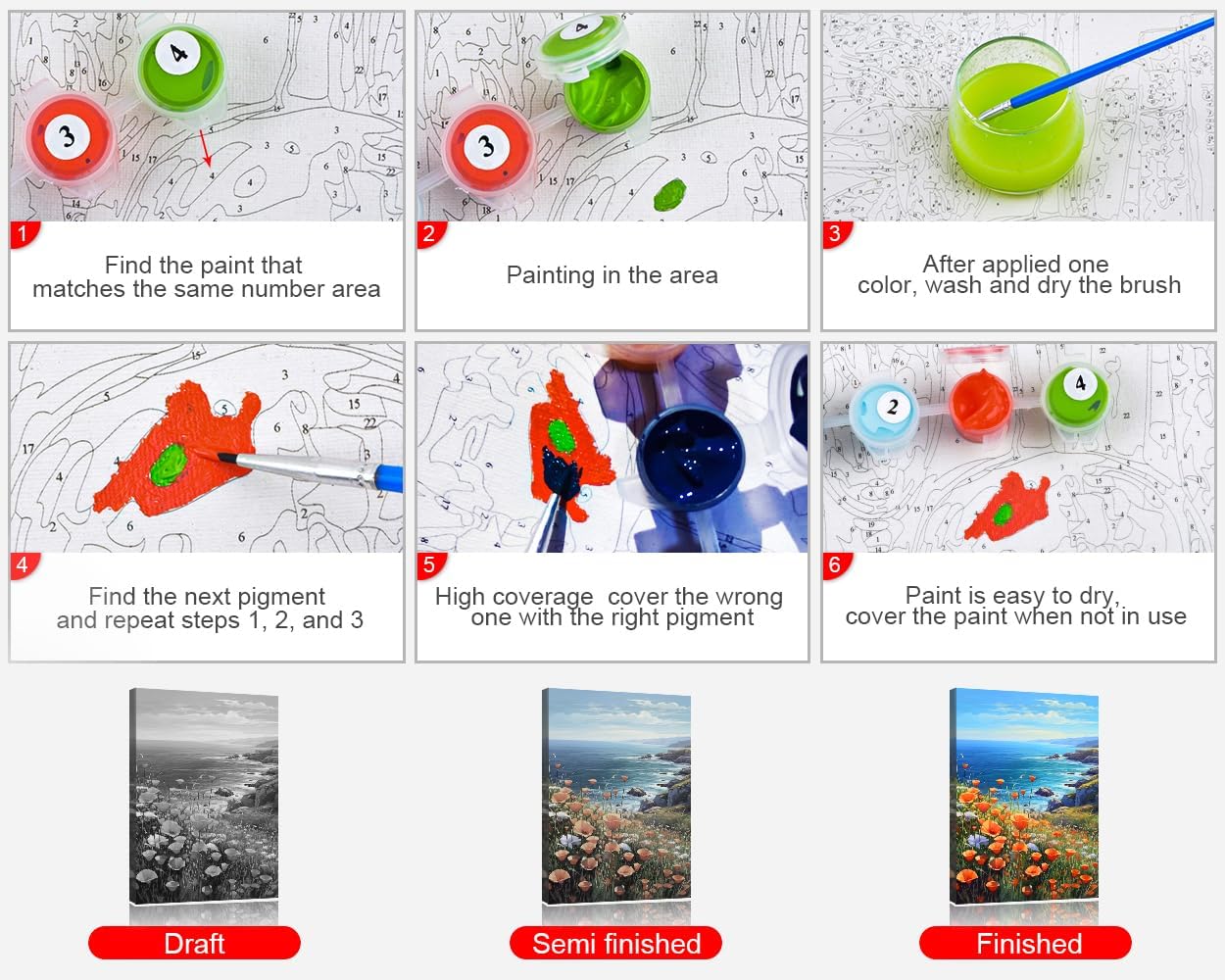 TUMOVO Paint by Number for Adults Flowers Sea Landscape Paint-by-Number Kits Poppies Ocean Adult Paint by Number Sea View DIY Painting by Numbers for Adults Canvas Framed, 16"x20"