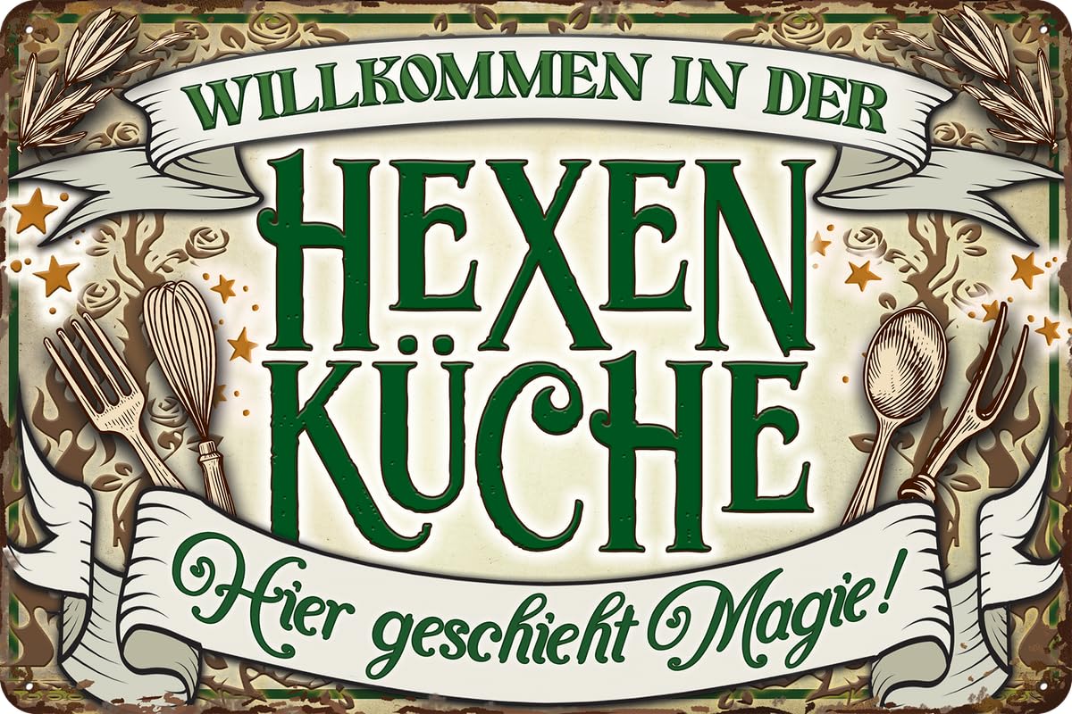Retro Blechschild für Hexen Fans, lustiger Spruch WILLKOMMEN IN DER HEXENKÜCHE, Hier geschieht Magie! Deko Schild, 30 x 20 cm
