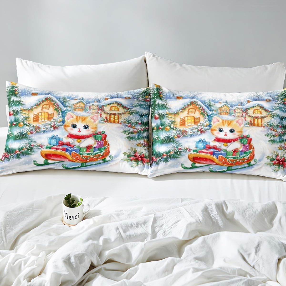 Cartoon Cat Duvet Cover Set Toddler Size,Merry Christmas Bedding Set for Kids Girls Boy Room Decor,Christmas Tree Comforter Cover 2Pcs,Rustic Christmas Cabin Xmas Animal Bedspreads Cover,1 Pillowcase