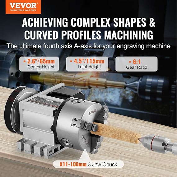 VEVOR Dividing Head, K11-100mm 3-Jaw Chuck, CNC Router Milling Machine Rotational Axis 4th Axis A Axis Indexing Head, 2.6/65 mm Center Height MT2 Tailstock 6:1 Gear Ratio, Universal for Engraving