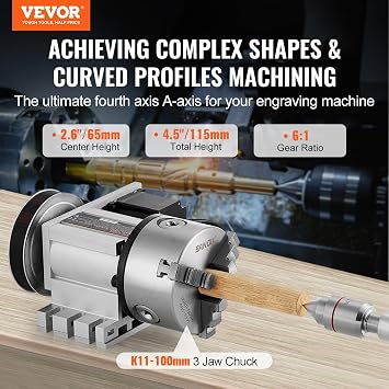 VEVOR Dividing Head, K11-100mm 3-Jaw Chuck, CNC Router Milling Machine Rotational Axis 4th Axis A Axis Indexing Head, 2.6/65 mm Center Height MT2 Tailstock 6:1 Gear Ratio, Universal for Engraving