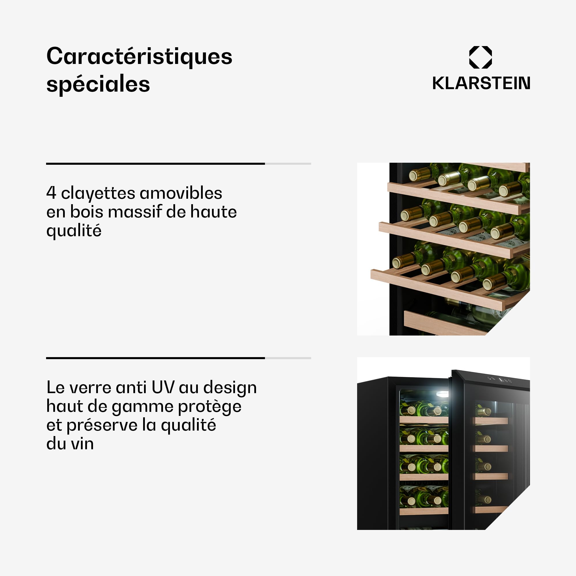KLARSTEIN Bevora Réfrigérateur à vin 20 bouteilles – Cave à vin sur pied, commande tactile 4-18 °C, porte vitrée anti UV, éclairage LED, clayettes en bois