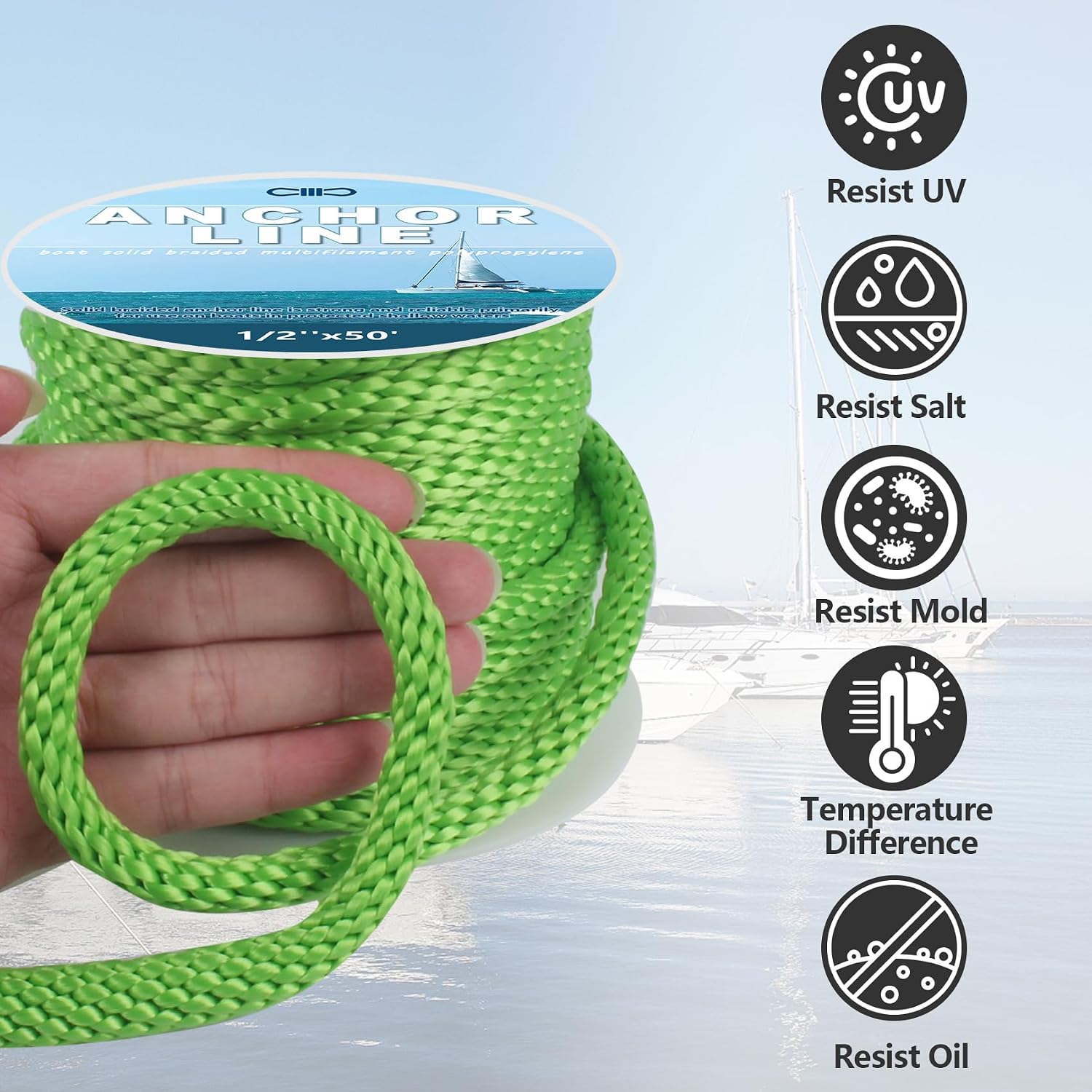 Anchor Rope 50 Ft x 1/2 Inch Premium Solid Braid MFP Anchor Line with 316 Stainless Steel Thimble and Heavy Duty Shackle Marine Boat Rope - Light Green