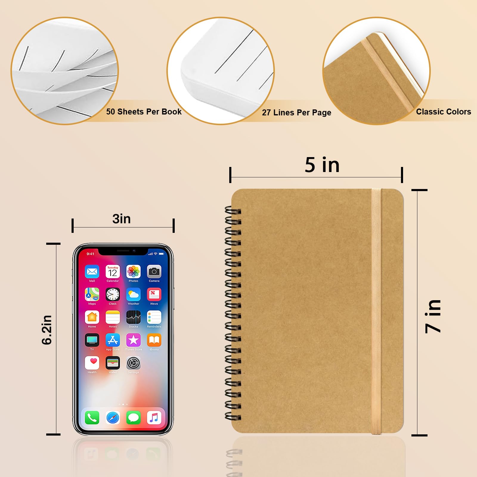 4 cuadernos en espiral, cuadernos con espiral, cuadernos para el trabajo, tomar notas, escuela, cuadernos pequeños con correa, bonitos cuadernos para mujer (caqui)