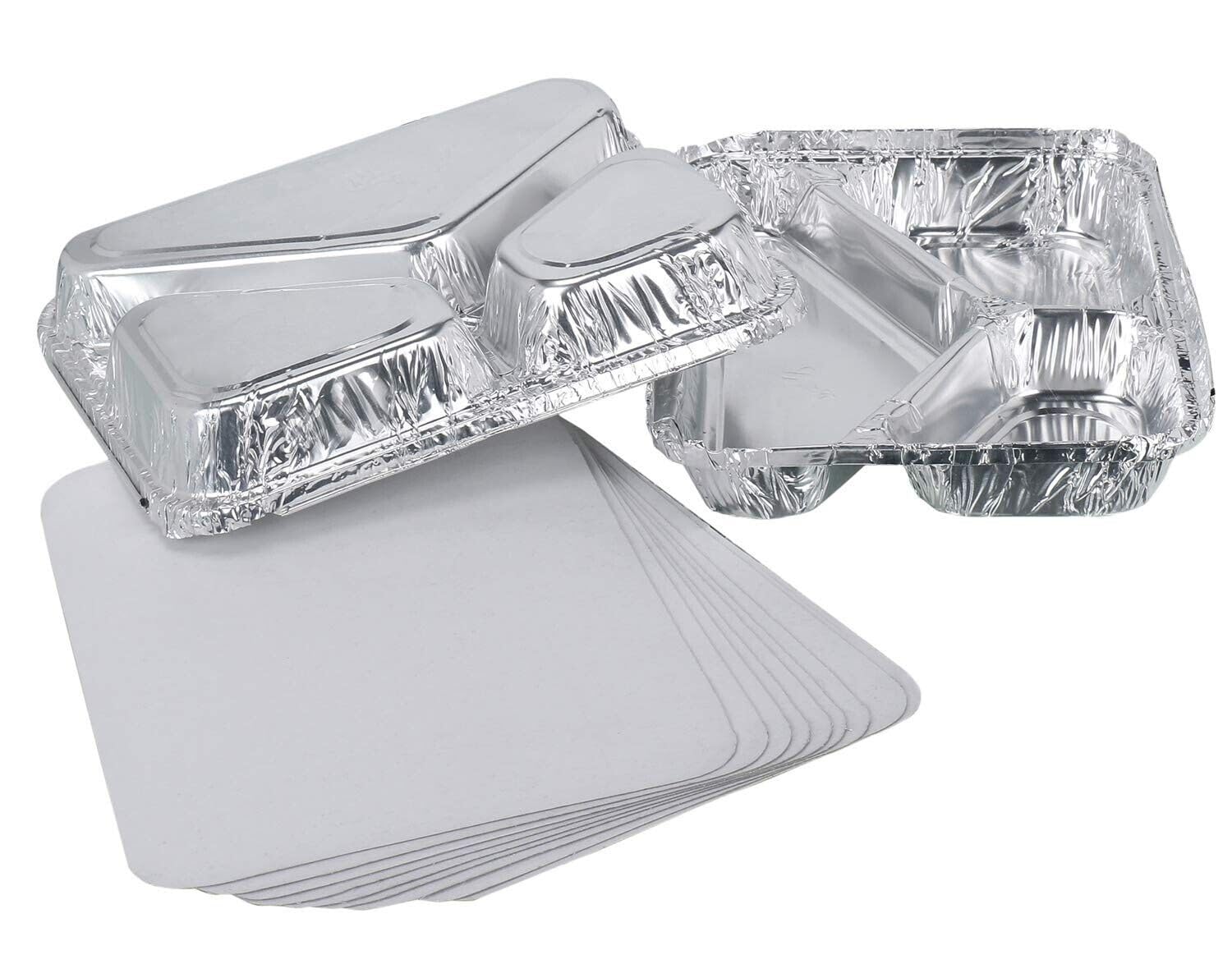 M1ss Silver (Pack Of 100) - Multi Compartment Aluminium Foil Trays Food Container With Lids Square Disposable Pan Great For Baking Roasting Bbq Meal Prep Takeaway Tins Microwave Freezer Safe (3 Compartment)