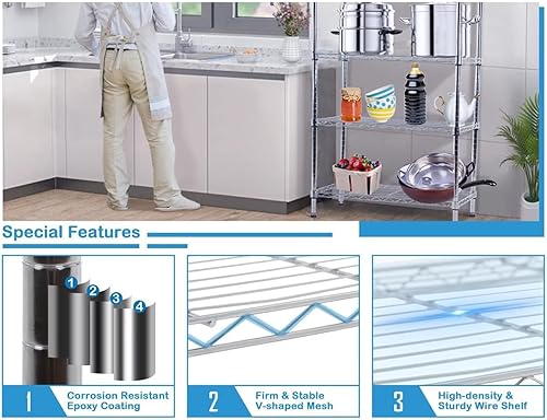 Miniatura 5 de Estantes de almacenamiento de 4 niveles, organizador de estantes de alambre, altura ajustable, estantes de metal resistente, certificado NSF, 36