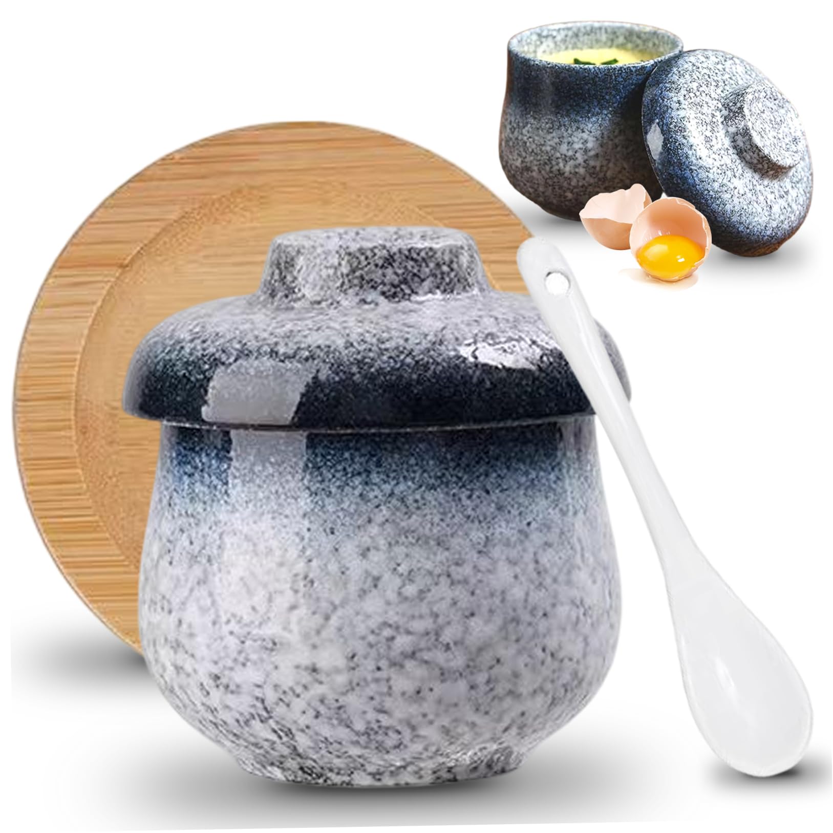 Wedhapy Egg Coddler 1 Set Coddled Egg Cups, Ceramic Coddled Cups with Lids, Wooden Tray, Spoon, Retro Steamed Eggs Dish, Tableware Breakfast Serving