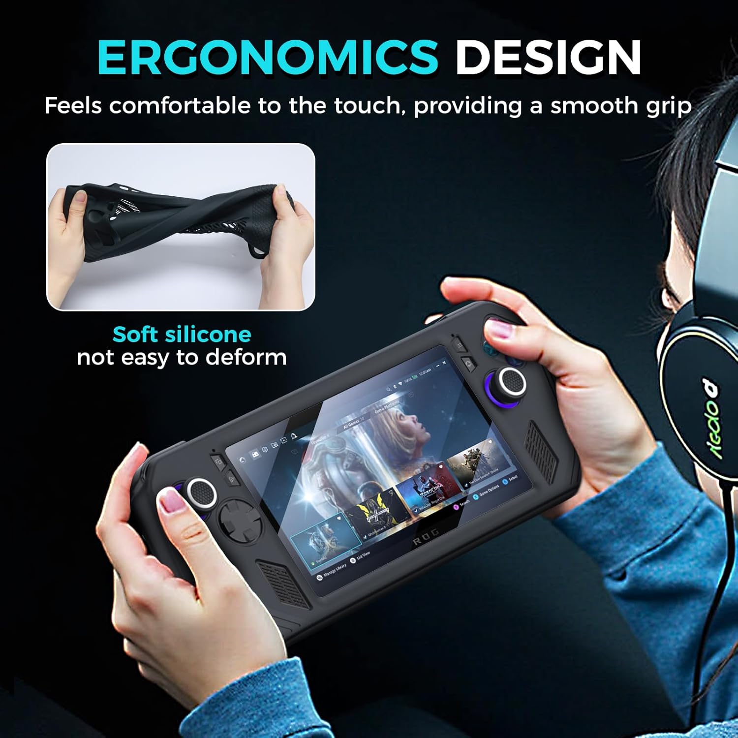 IINE ROG Ally X Silicone Protective Case with Tempered Glass Screen Protector, Thumb Stick Caps, Anti-Slip Grip, Dustproof Cover, Soft Silicone Shell for ROG Ally X Console Accessories