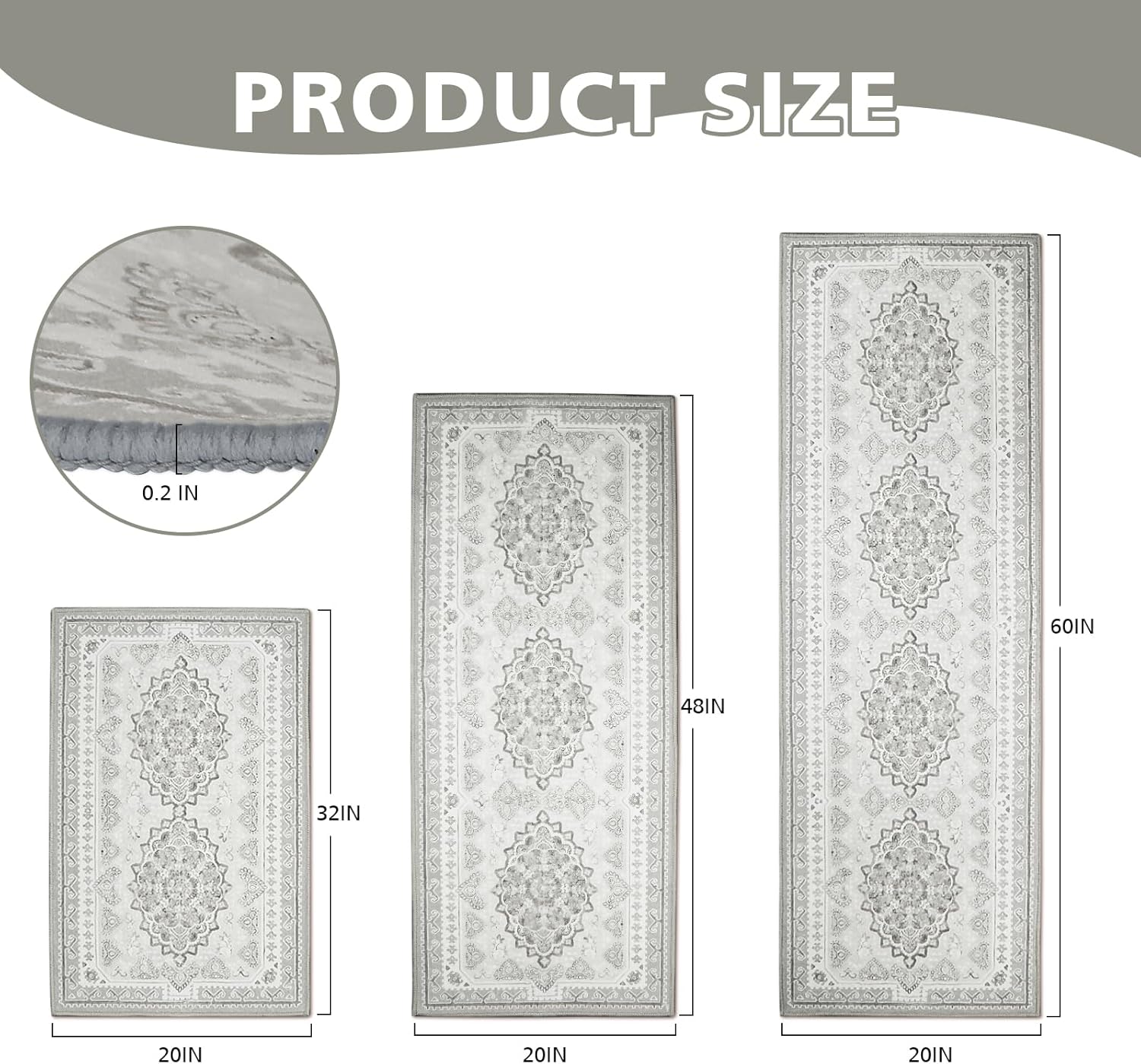 Boho Kitchen Rugs Sets of 3 Piece,Farmhouse Kitchen Area Rug Floor Carpet Runner Rugs,Non Slip Washable Kitchen Mats Set for Kitchen Floor Bathroom Laundry Office Sink （Grey White）