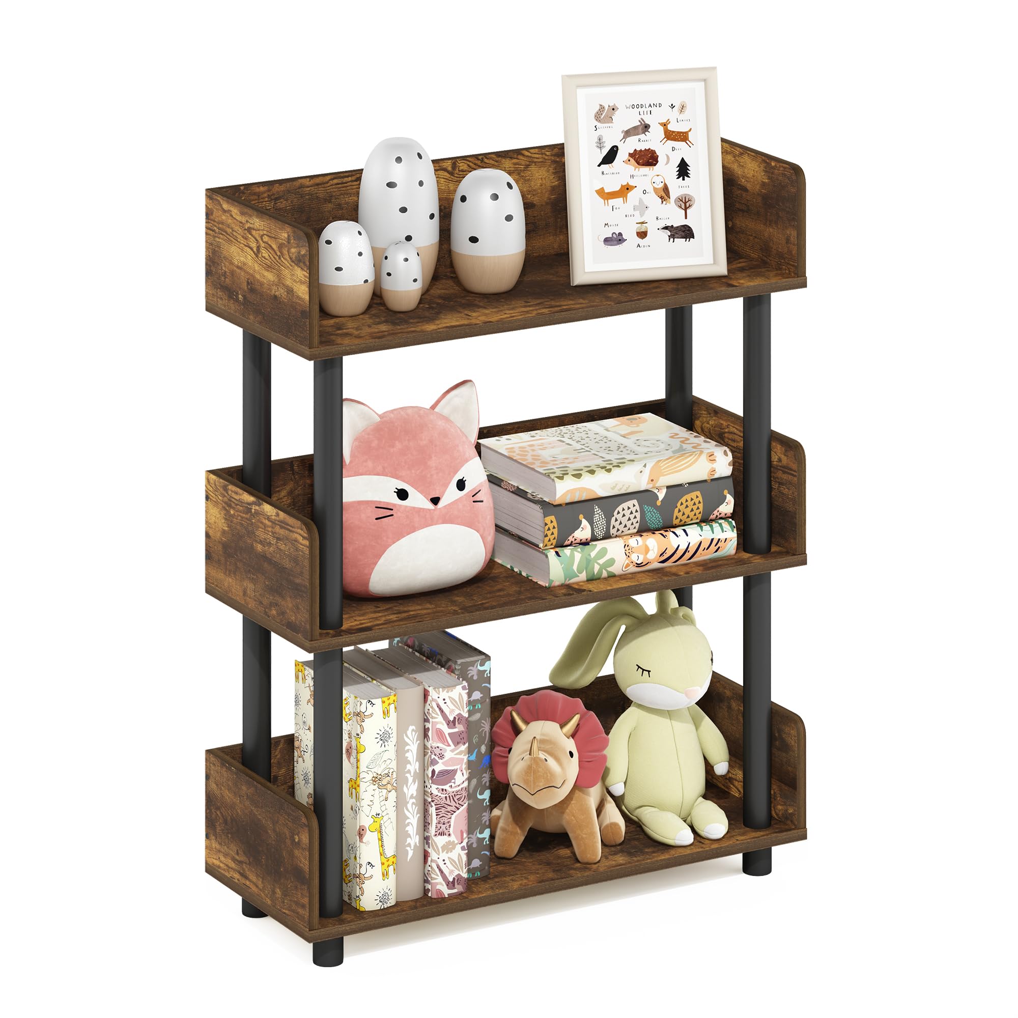 Furinno TURN-N-TUBE Display Shelf, 3-Tier Storage Shelves with Side Panels, Open Shelves Book Shelf with Rounded Corner Top Edges, for Organization and Storage, Living Room, Home Office, Amber Pine
