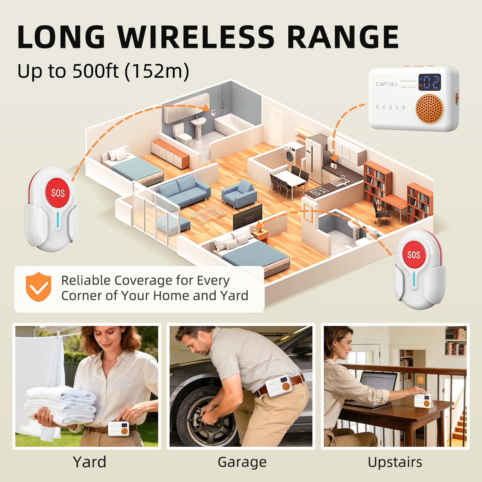 CallToU Buscador de cuidadores – Botón de llamada inalámbrico para ancianos en casa, sistema de alerta portátil de enfermera con alertas de vibración y sonido para personas mayores y discapacitadas (3