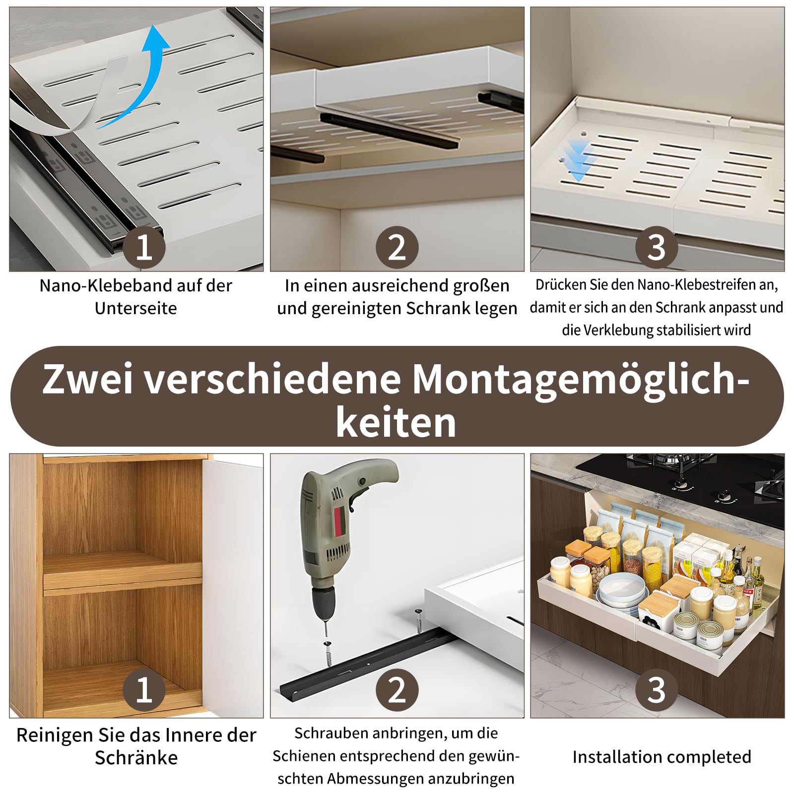 OUUTMEE Confezione da 1 organizer adesivo espandibile per armadietti, 3 guide scorrevoli per mobili da cucina, senza trapano, mensola scorrevole per casa, cucina, dispensa, larghezza regolabile 32-52