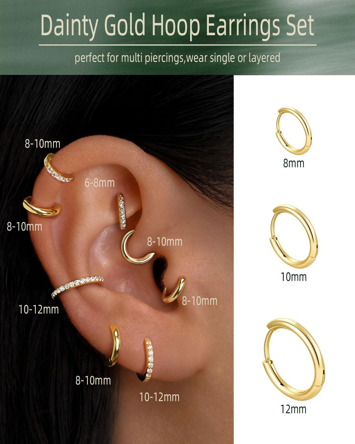 5A Cubic Zirconia Hypoallergenic Earrings Set: 6 Pairs 18K Gold Plated Surgical Steel Cute Small Huggie Hoops, Dainty Cartilage Earrings for Sensitive Ear Women Trendy Jewelry Gift - Image 5
