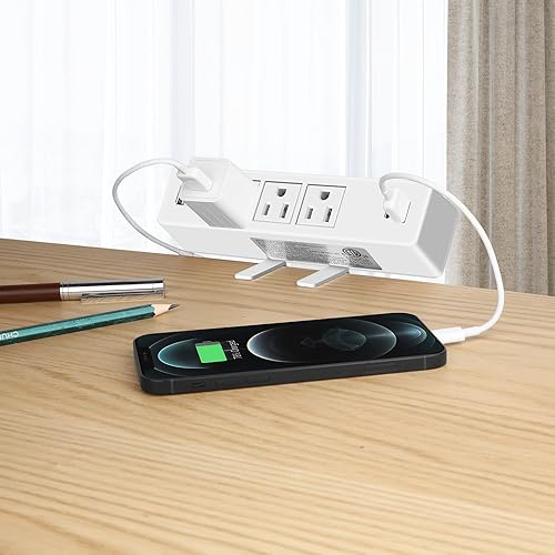 Miniatura 6 de Regleta de alimentación de escritorio blanca de 10 pies con USB, protector de sobretensiones, estación de carga de energía con 3 enchufes, 3 USB A 1