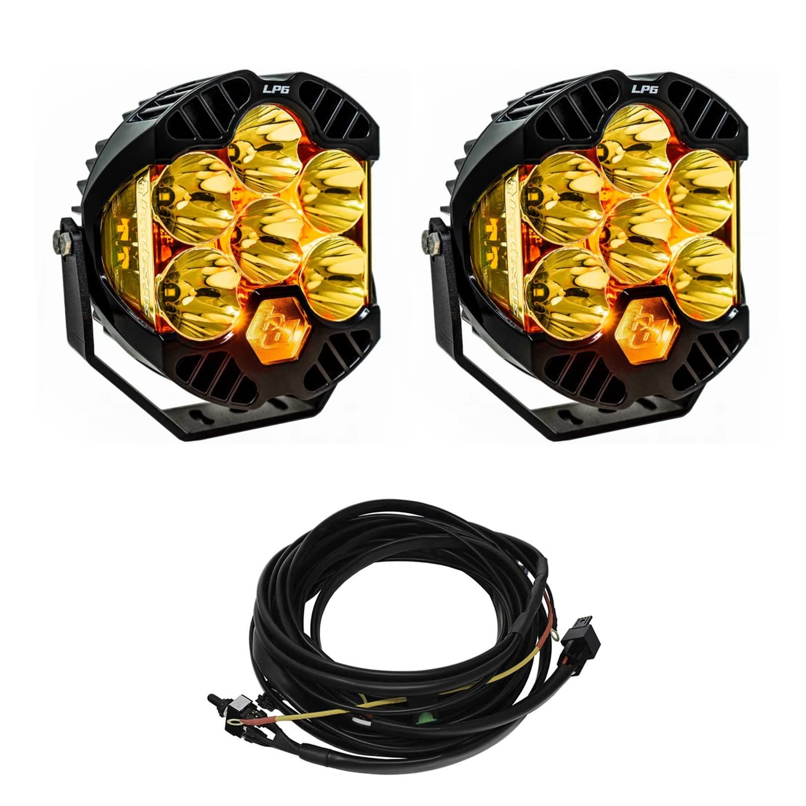Precision Parts Baja Designs LP6 Pro 6-Inch LED Auxiliary Light Pod with High Beam/Low Beam/Day-Time Running Backlighting Pair with Harness (Amber Lens - Spot Light Pattern)