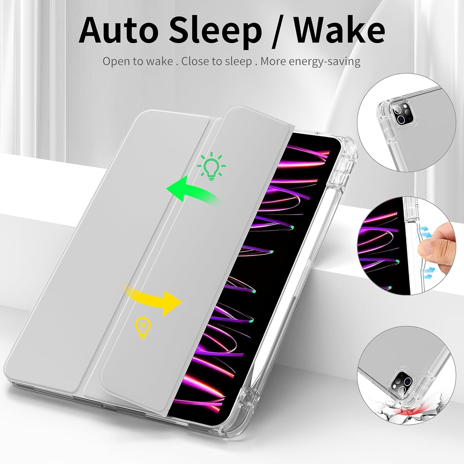 Aoub Crystal Case for iPad Pro 11 inch 4th/3rd Generation 2022/2021, Hard Clear Back with Pencil Holder, Auto Sleep/Wake Support Pencil Wireless Charging, for iPad 11" Pro 2nd 1st 2020 2018 - Gray - Image 3