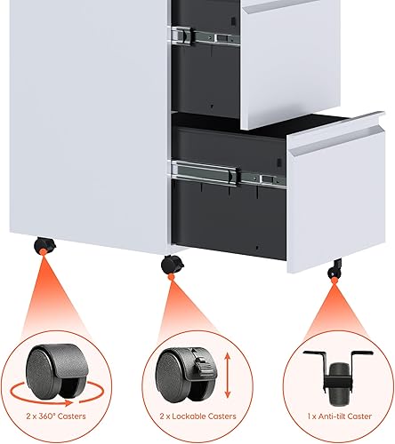 Miniatura 8 de Aobabo Archivador de 2 cajones con bloqueo, archivador móvil, adecuado para oficina y hogar, totalmente montado, excepto ruedas, color blanco