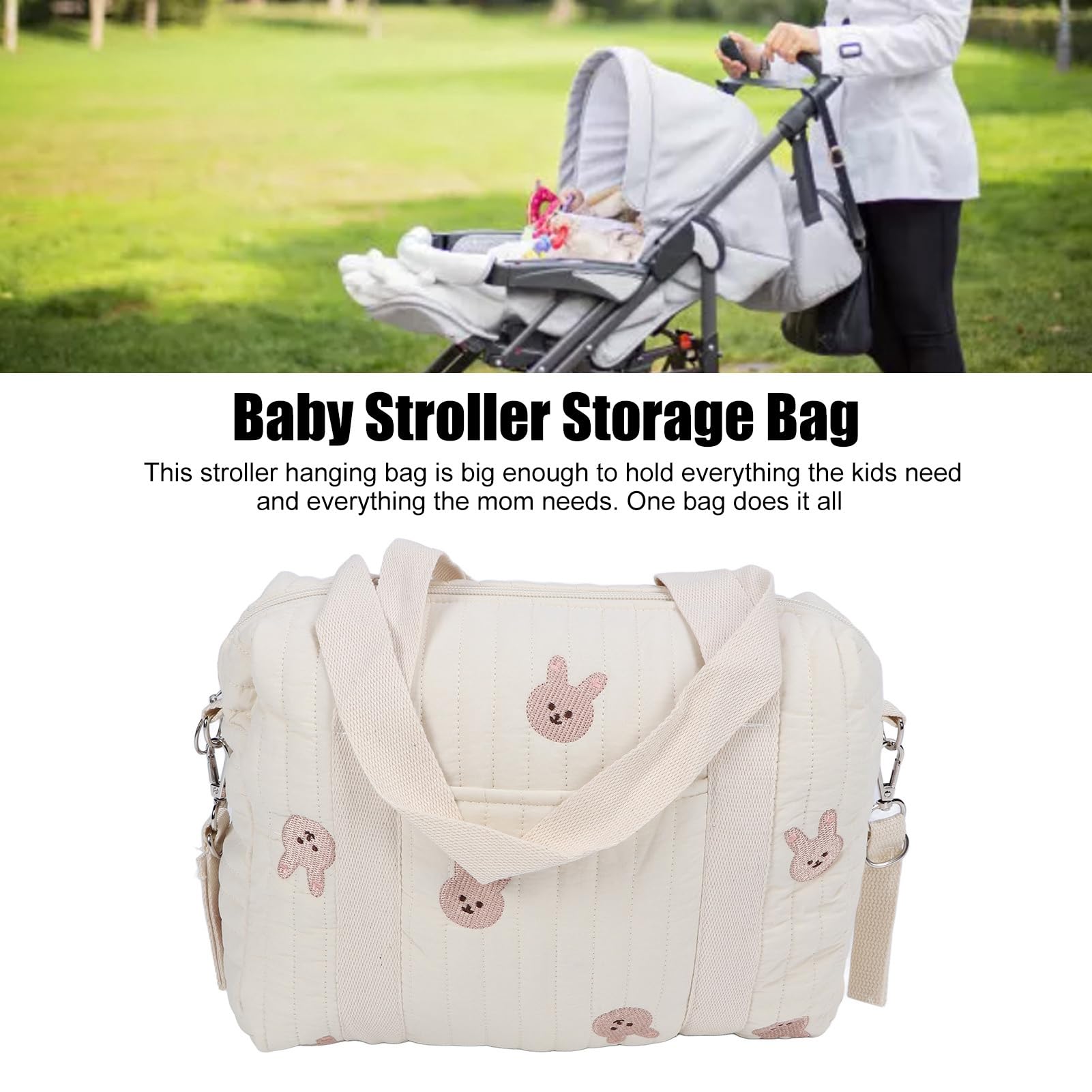 Ausla Baby Bags, Cotton Cloth Baby Stroller Pram Organiser Bag Baby Diaper Changing Bags with Zipper Pockets for Keys Tissues (Rabbits) - Image 2