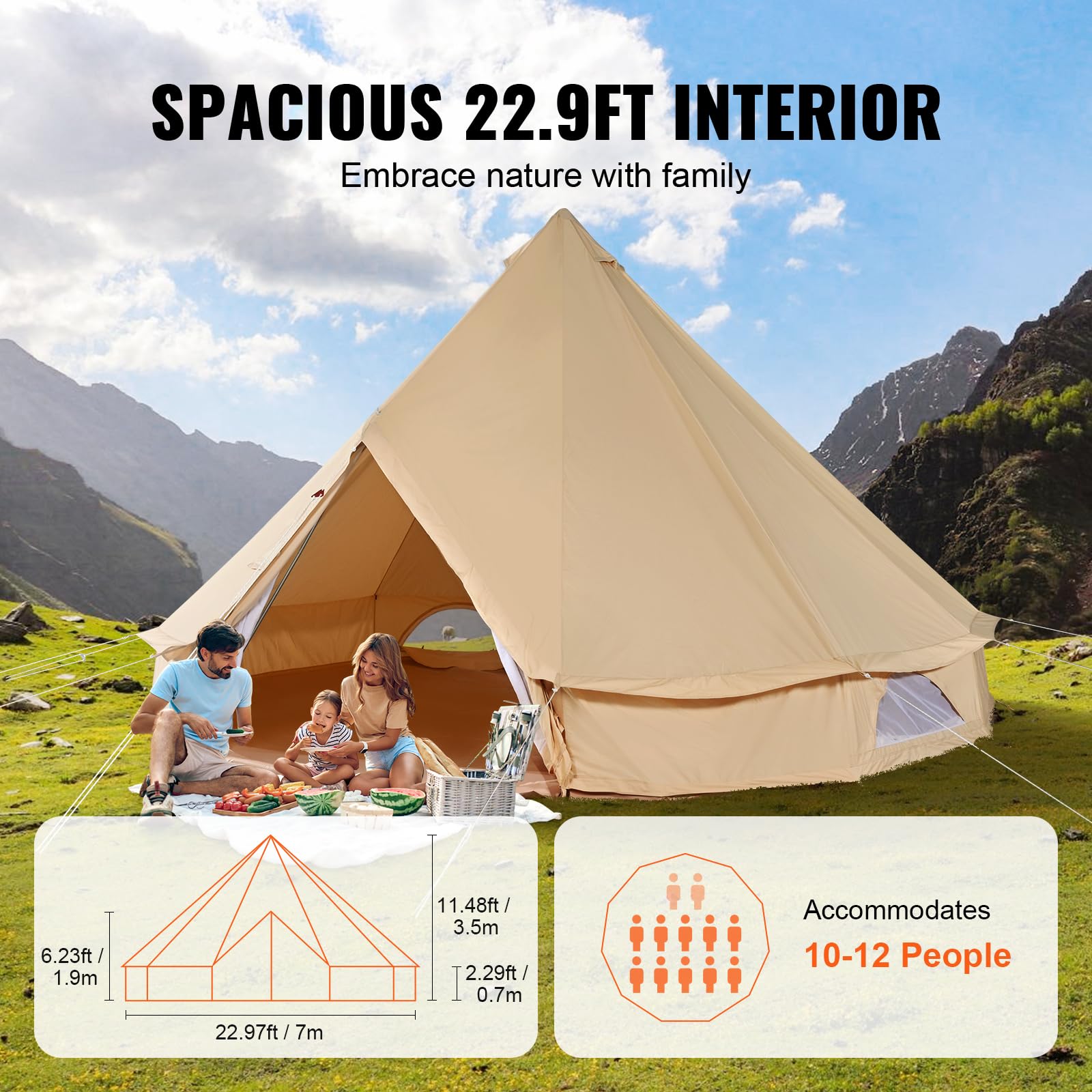 VEVOR Tienda de campaña de Lona para 4 Estaciones, Tienda de campaña de Lona para Acampar con Gato de Estufa, Tienda de campaña Transpirable con Capacidad para hastapersonas, Camping Familiar al