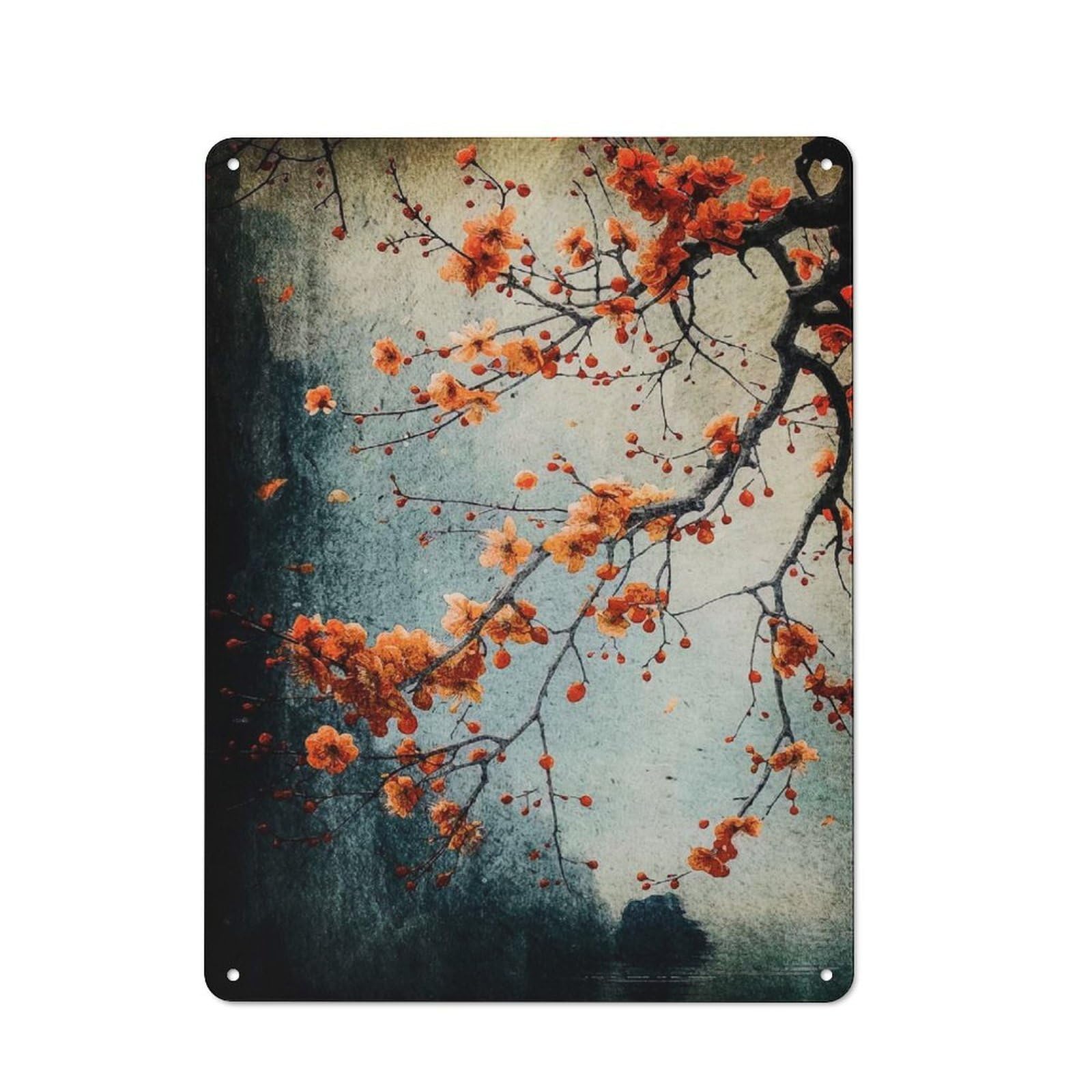 Cherry Blossom Japan Outdoor Room Metal Wall Decor 40x30cm, Rustic Tin Sign for Shed, Garden Room, Porch Or Garage