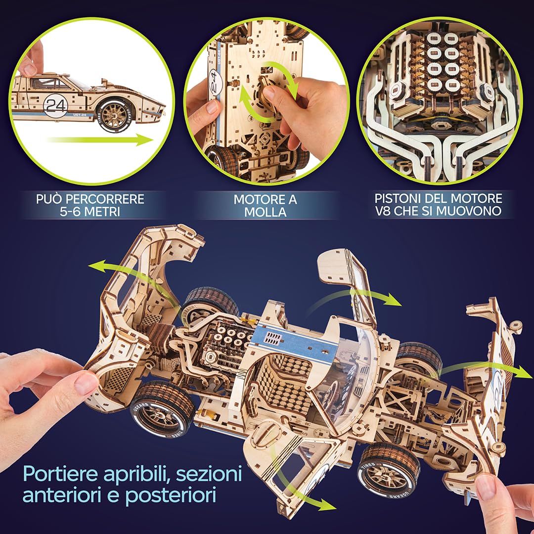 UGEARS UGT-24 Auto da Corsa di Endurance Puzzle 3D - Kit di Modelli Meccanici in Legno in Scala 1:12 da Costruire per Adulti - Kit di Costruzione Modello di Auto Sportiva - 970 Pezzi