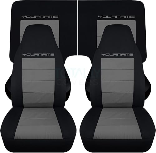 Totally Covers Fundas para asientos compatibles con Chevy Camaro 1982-1992 de 2 tonos con tu nombretexto Negro y Antracita - Juego completo para