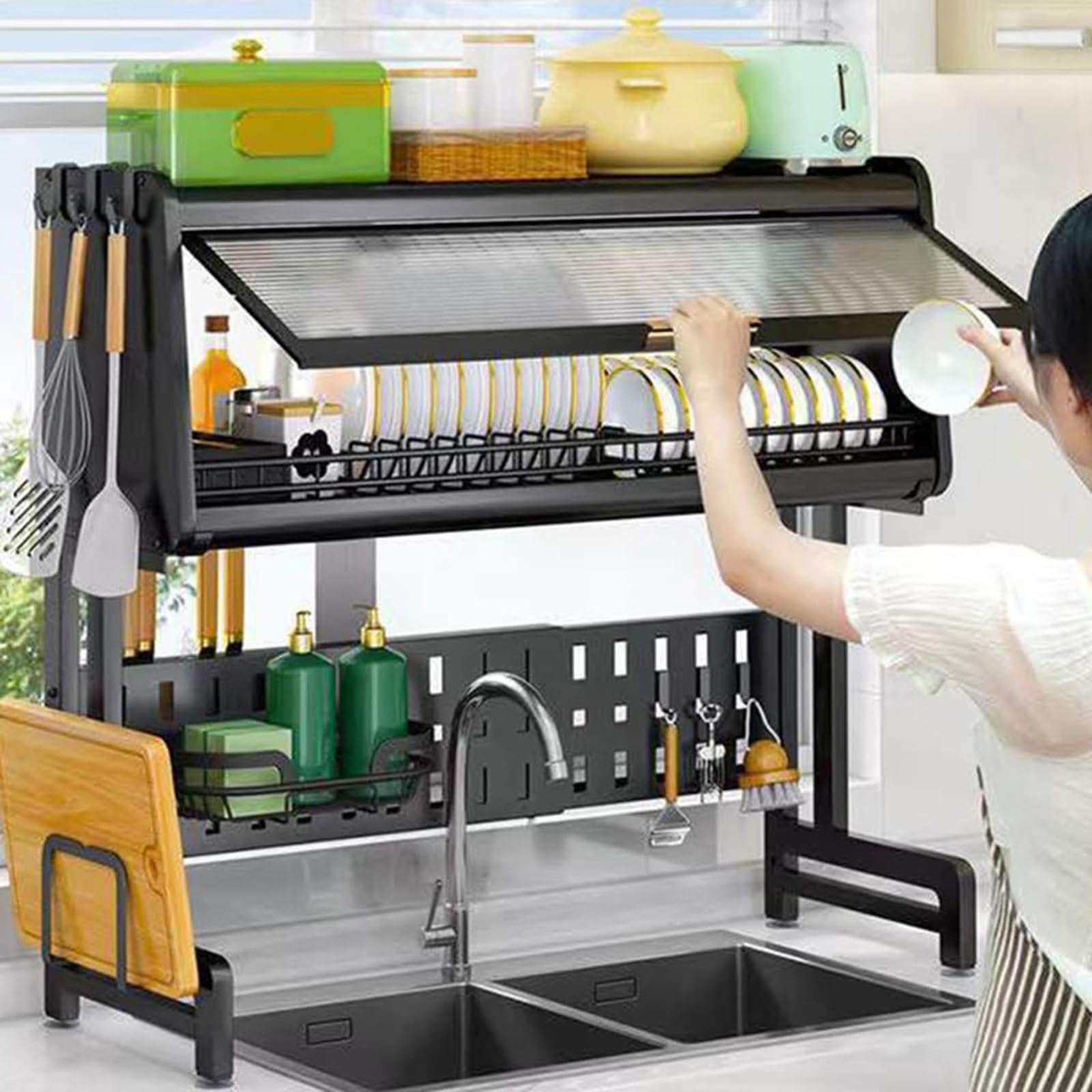 Escurreplatos de Fregadero, 2 Niveles Acero Inoxidable Estante Expandible Escurreplatos de Cocina Ajustable para Organizador de Encimera de Cocina