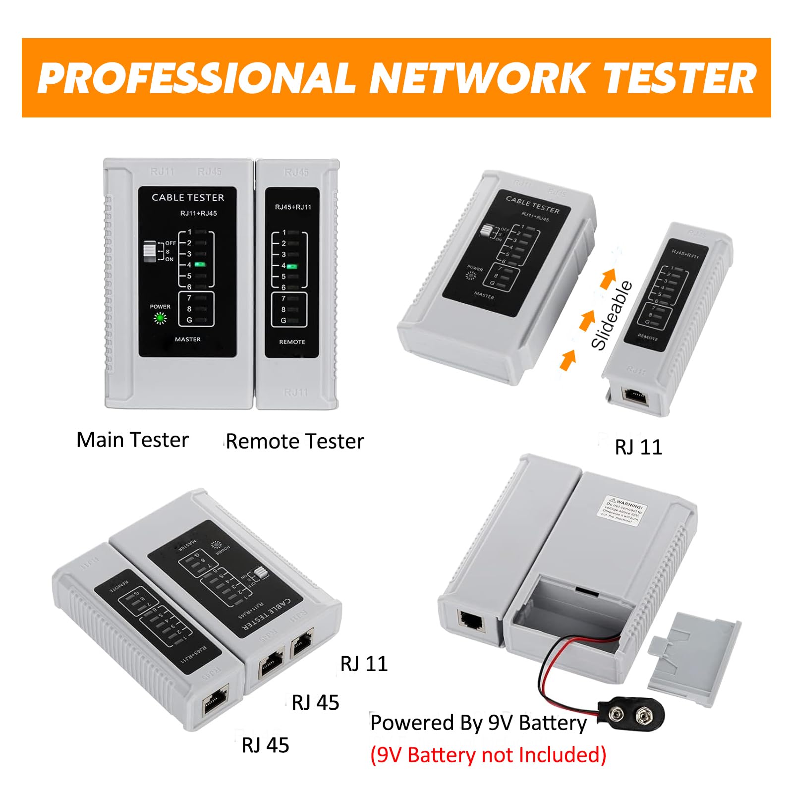 Kit di strumenti di crimpatura Ethernet RJ45, CAT5, Cat5e, Cat6, RJ45, kit di crimpatura con tester per cavi, spellafili multistrato, lame, 50 connettori Cat 6 passa-through e stivali antistrappo