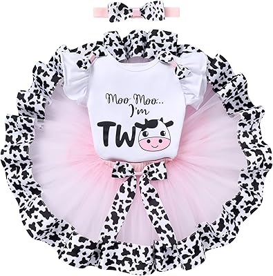 AFAVOM Cow 1st Birthday Outfit for Baby Girls Farm Cow Print Romper Tutu Skirt Headband 3PCS Fancy Dress up Costume for Cake Smash Photo Shoot Prop Pink Cow - Two 2 Years