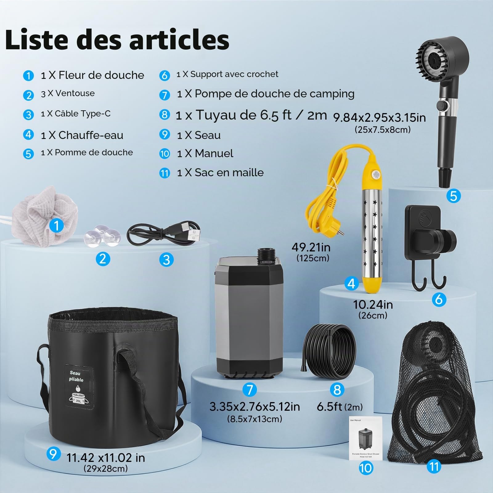 Douche de camping 8000 mAh et chauffe-eau 1,5 kW - Chauffage rapide à 80 °C - Écran numérique - Étanchéité IPX8 - Réservoir d'eau pliable de 20 l - Douche de camping mobile avec filtre à eau