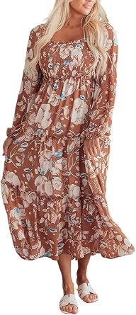 Womens Brown Floral Print Shirred Square Neck High Waist Maxi Dress L