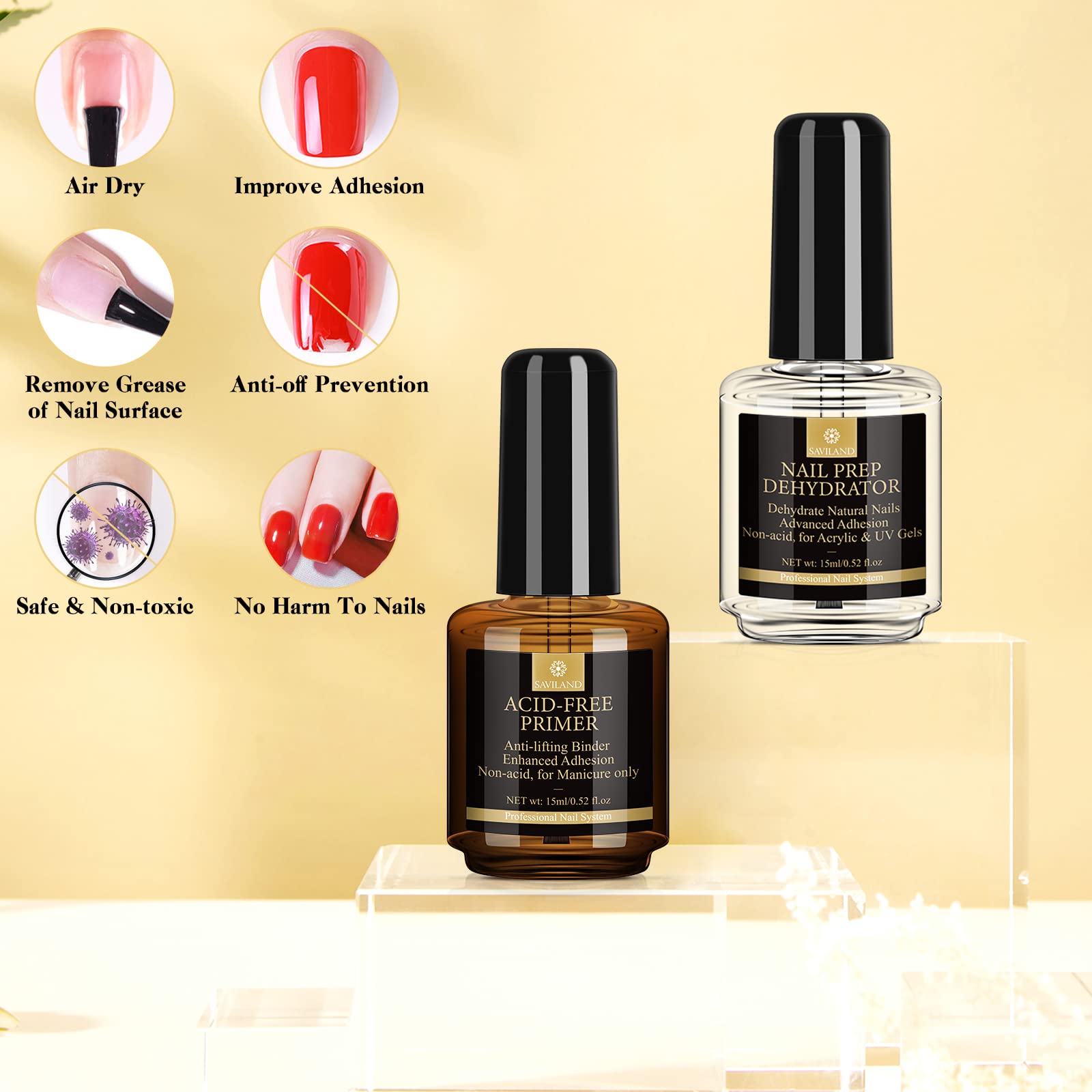SAVILAND Primer Ongle Gel UV et Déshydrateur Kit: Nail Prep et Primer Kit Sans Acide Séchage Rapide Vernis Semi Permanent pour Acrylique Polygel Vernis à Ongles Manucure Naturels Air Dry