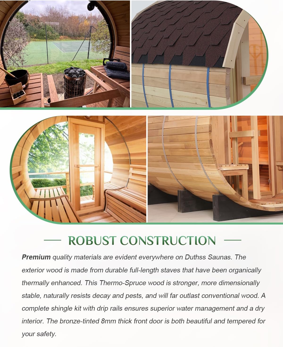 Customize Outdoor Barrel Sauna Rooms,2-10 Person Canadian Cedar Steam Barrel Saunas,Customization of Size, Color, Front and Rear Windows, roof, Porch, Heater, Interior, etc