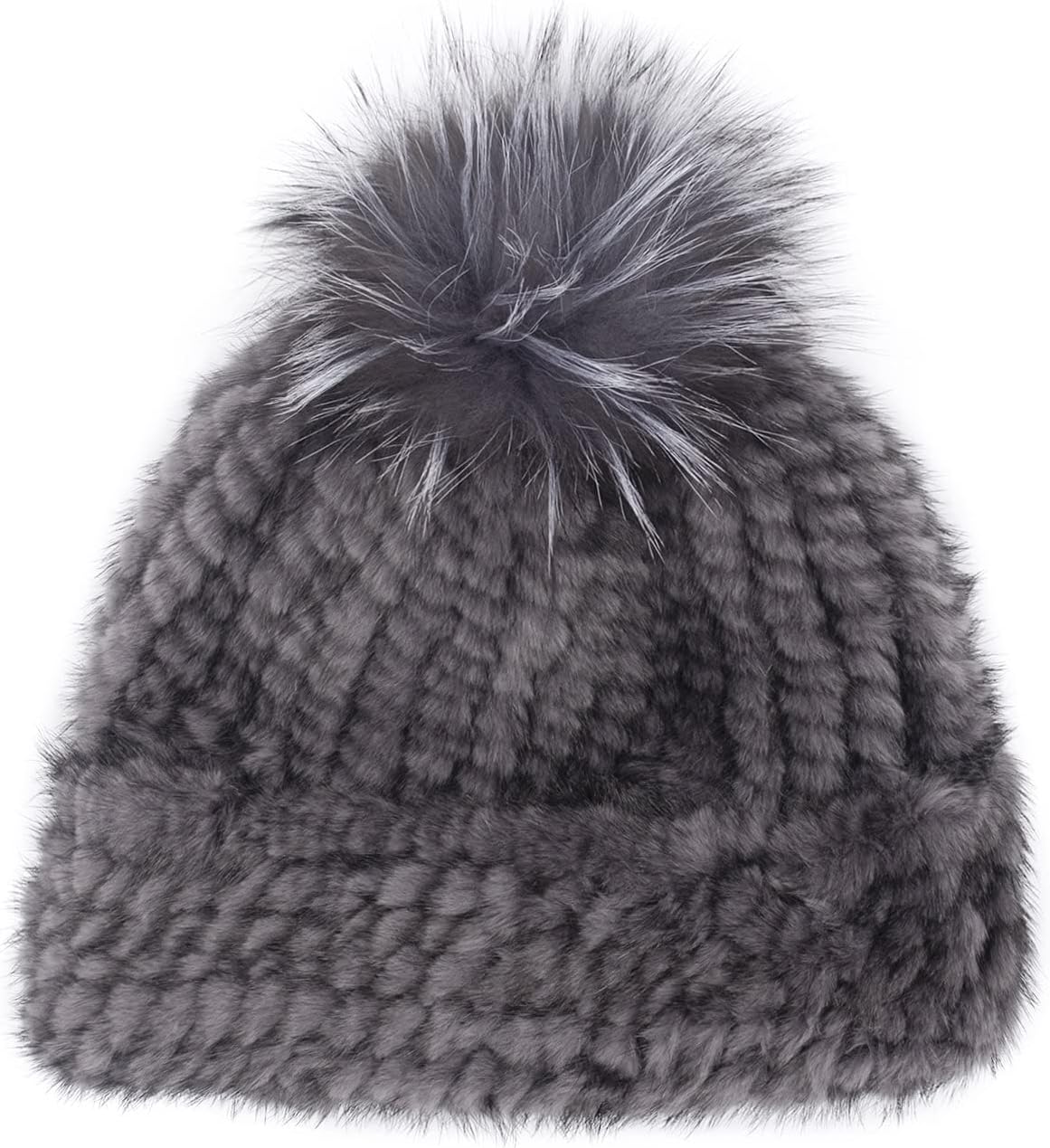 surell - Genuine Mink Fur Textile Knit Cuff Beanie with Fox Fur Pom