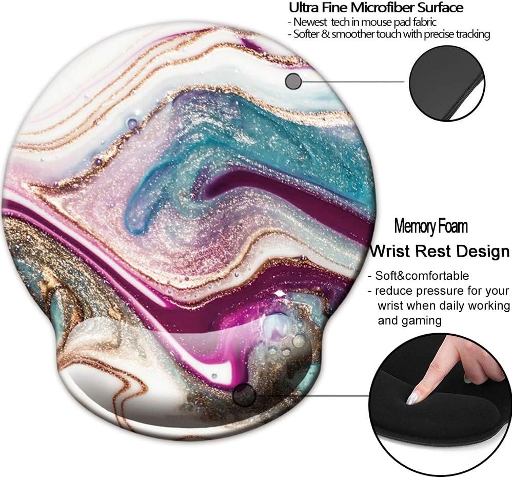 Memory Foam Mousepad with Wrist Support Design Ergonomic Mouse Pad Comfortable Wrist Rest Non-Slip PU Base Mouse Mat (Beige Purple Marble-Foam)