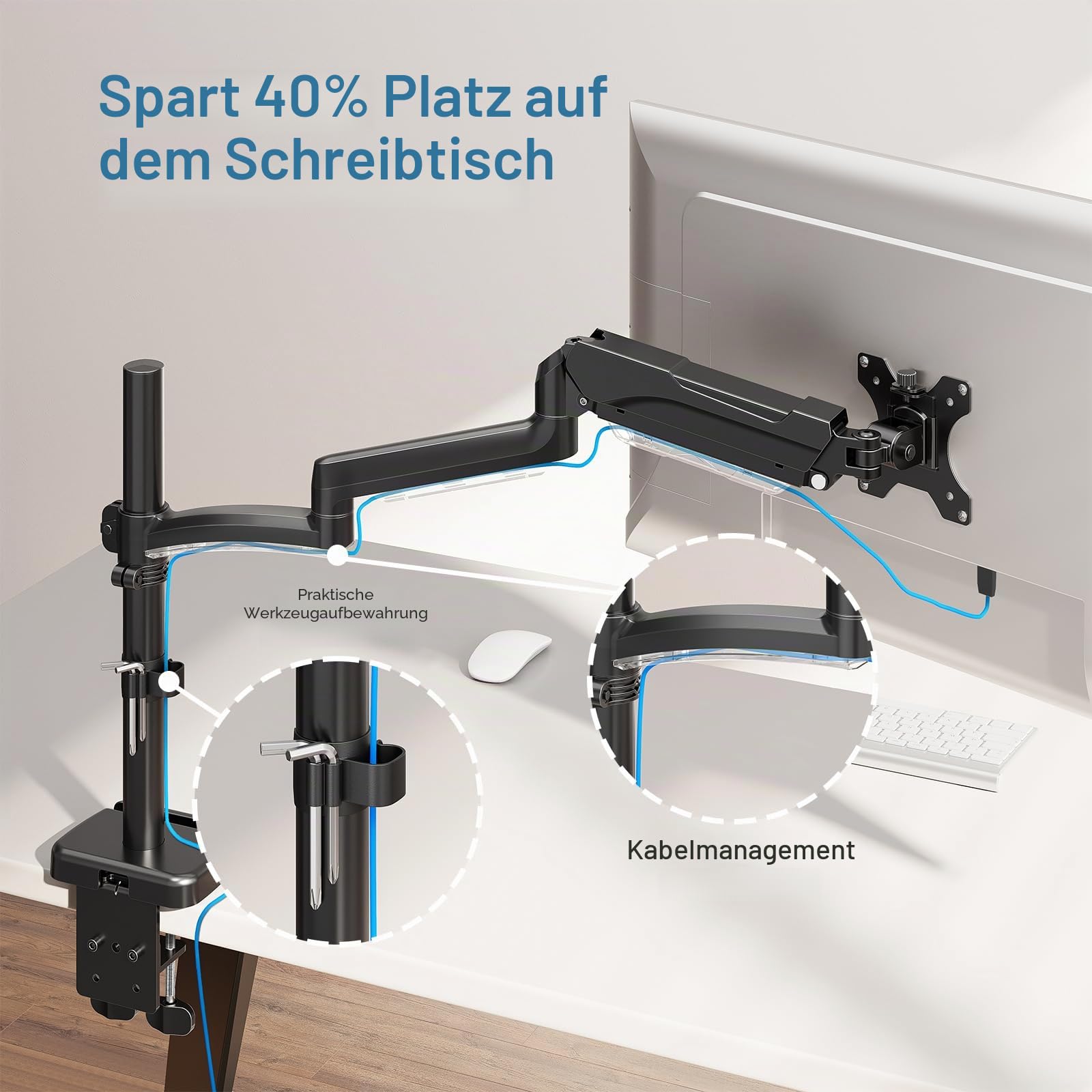 MOUNTUP 705mm Langarm Monitor Halterung für 13–32 Zoll Monitore bis zu 9 kg | Höhenverstellbare Einzelner Bildschirme Ständer mit Neigen, Schwenken, Drehen, platzsparend für Büro, Homeoffice & Gaming