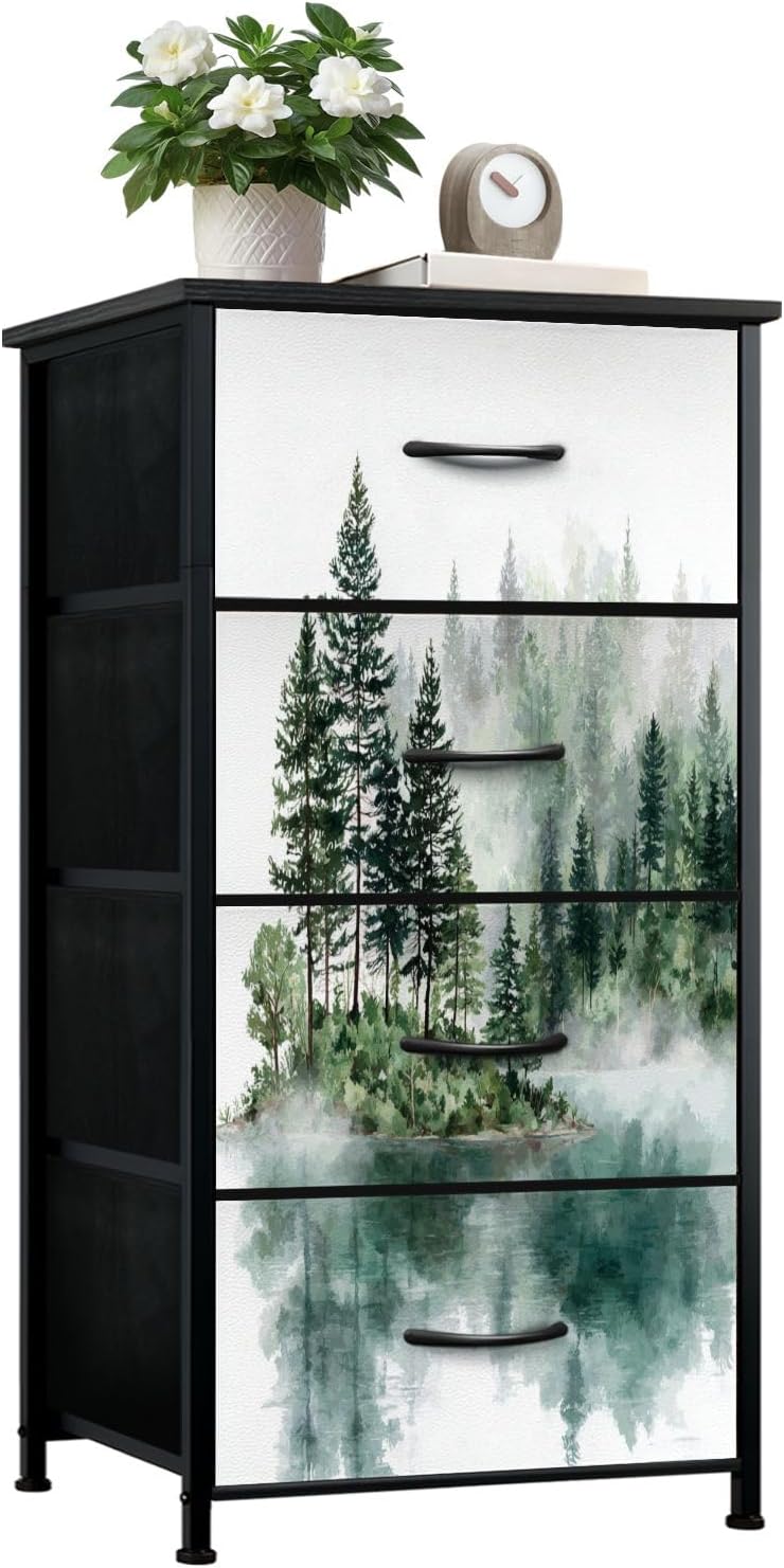 Dresser for Bedroom Dresser for Closet Green Cartoon Pine Forest Nursery Woodland Plants Boys Girls Trees Dressers & Chests of Drawers Fabric Closet Organizers and Storage with 4 Drawers