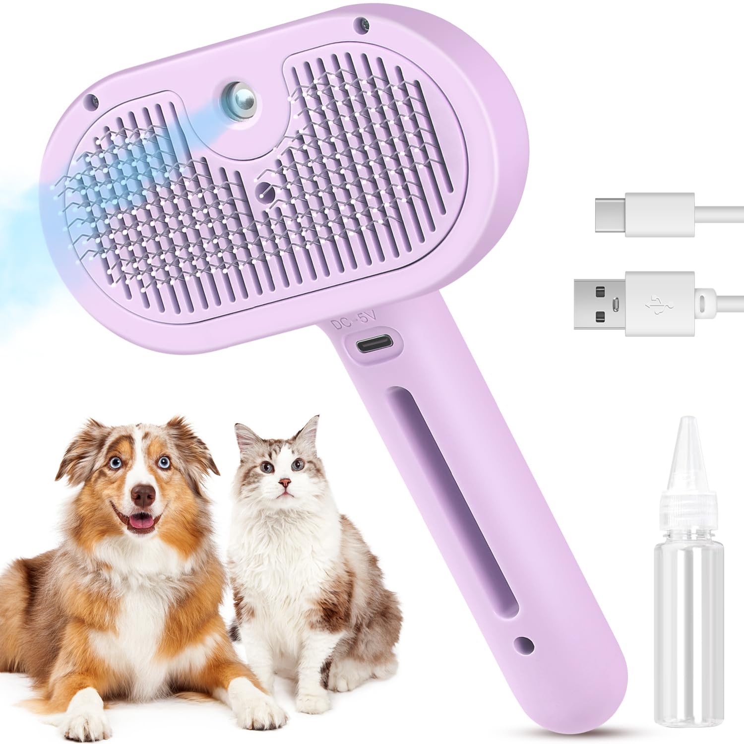 3 in 1 Cat Steam Brush, Pet Spray Hair Removal Comb for Shedding & Grooming, Water Brush for Cats Dogs Small Animals Long Short Haired with One-Click