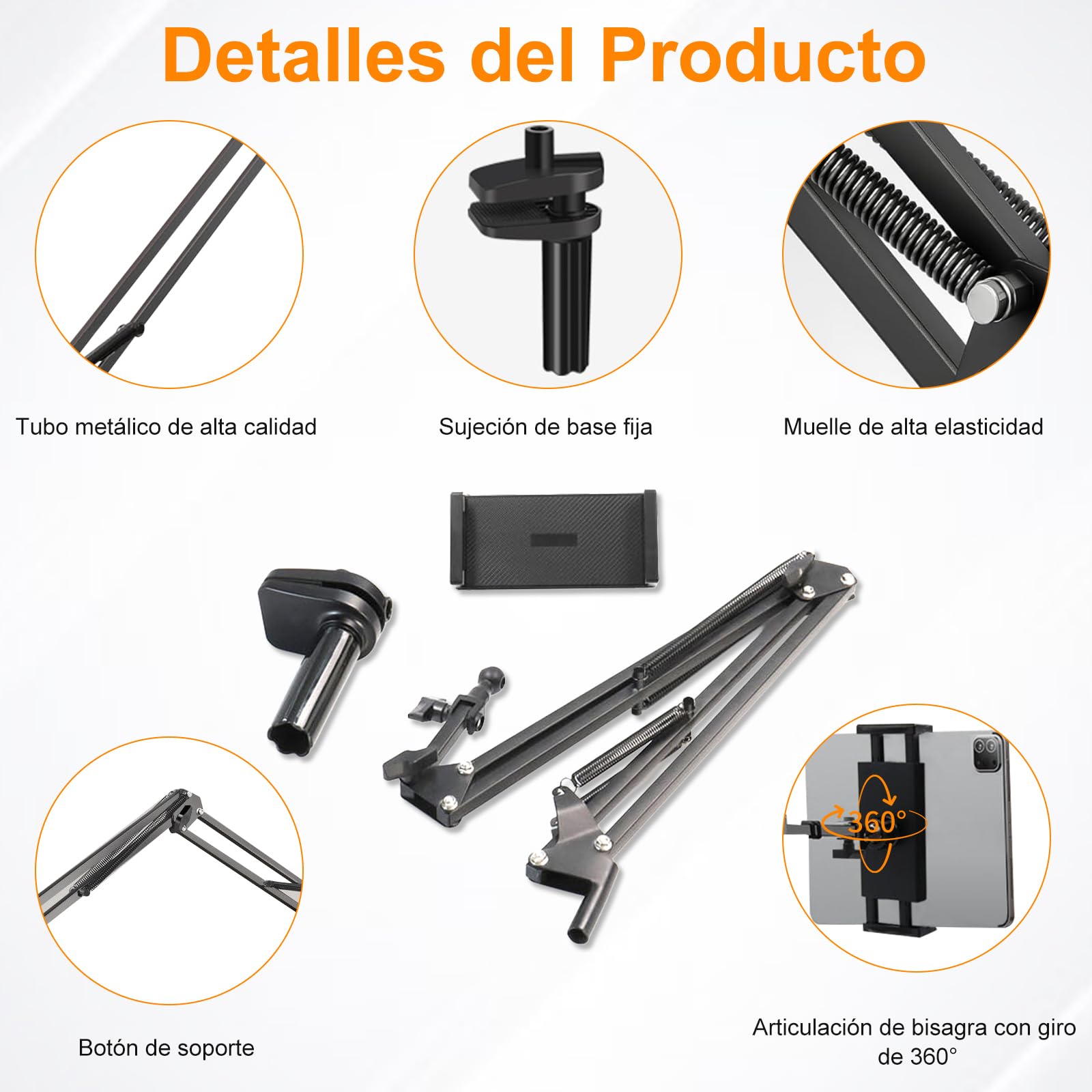 Soporte Tablet Cama, Soporte para Tablet Rotación de 360°, Apto para Teléfonos Móviles o Tabletas de 4,7 a 13 Pulgadas, Apto para Sujetar Superficies Planas con un Grosor Máximo de 6,5 cm